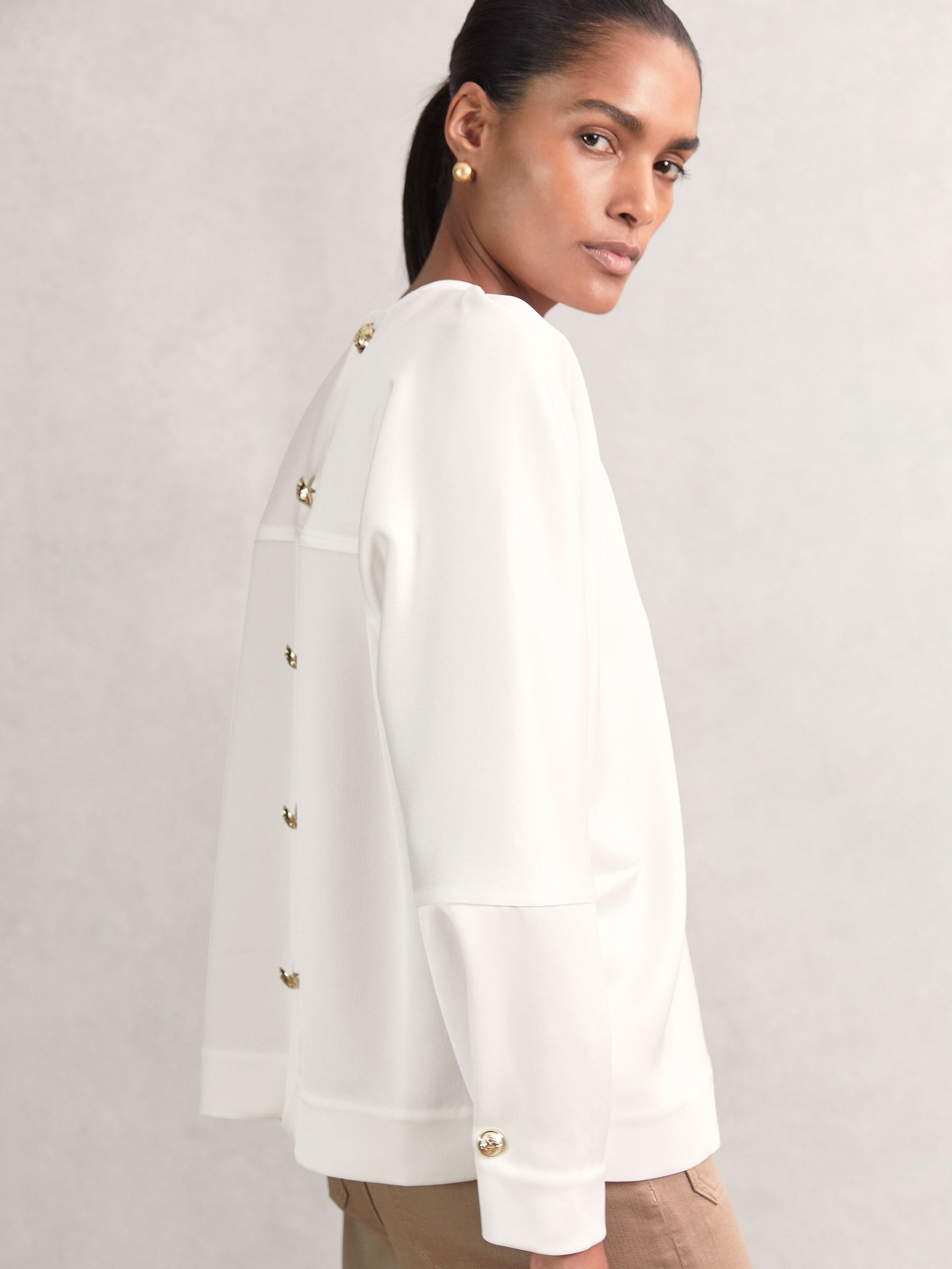 Satin Button-Back Long-Sleeve Top in Ivory (W40876) | £180