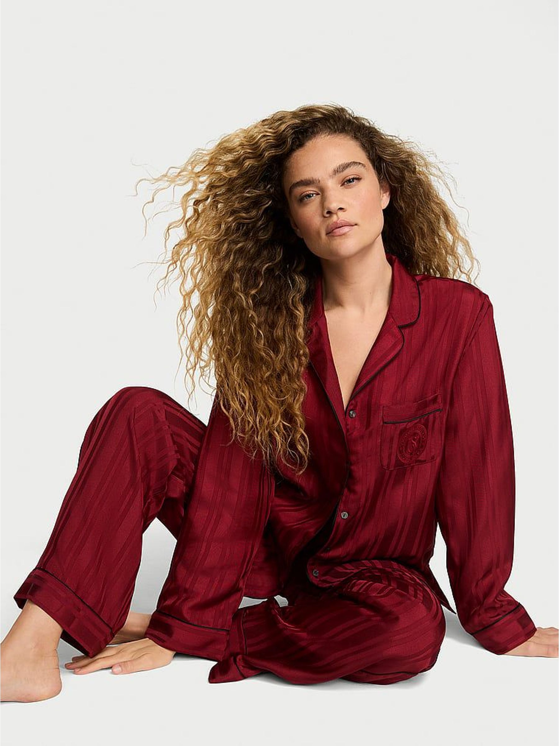 Sangria Red Stripe Jacquard Satin Long Pyjamas Set (W41162) | £69