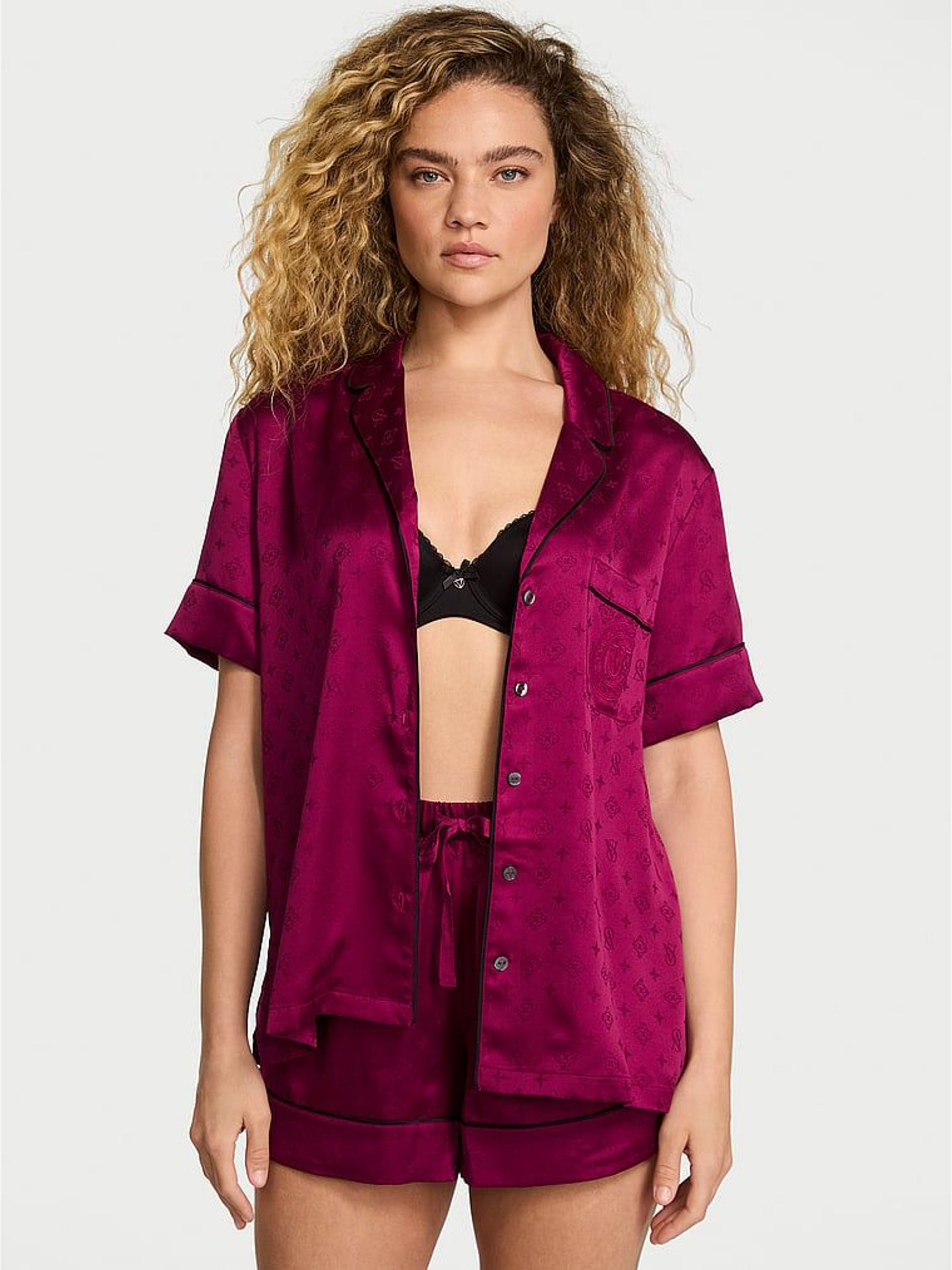 Logo Fresh Jam Jacquard Purple Satin Short Pyjamas Set (W41188) | £69