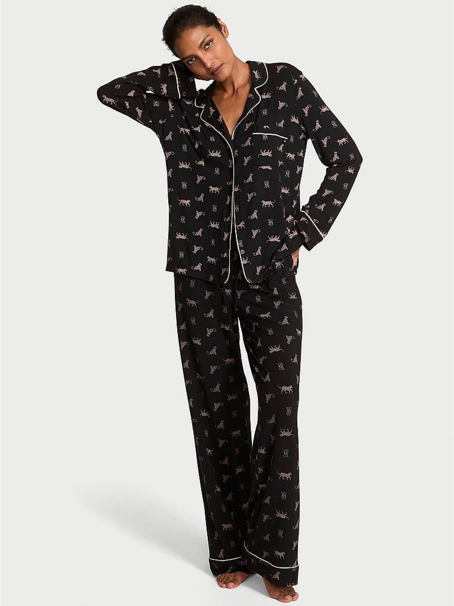 Black Leaning Leos Modal Long Pyjamas Set (W41297) | £59
