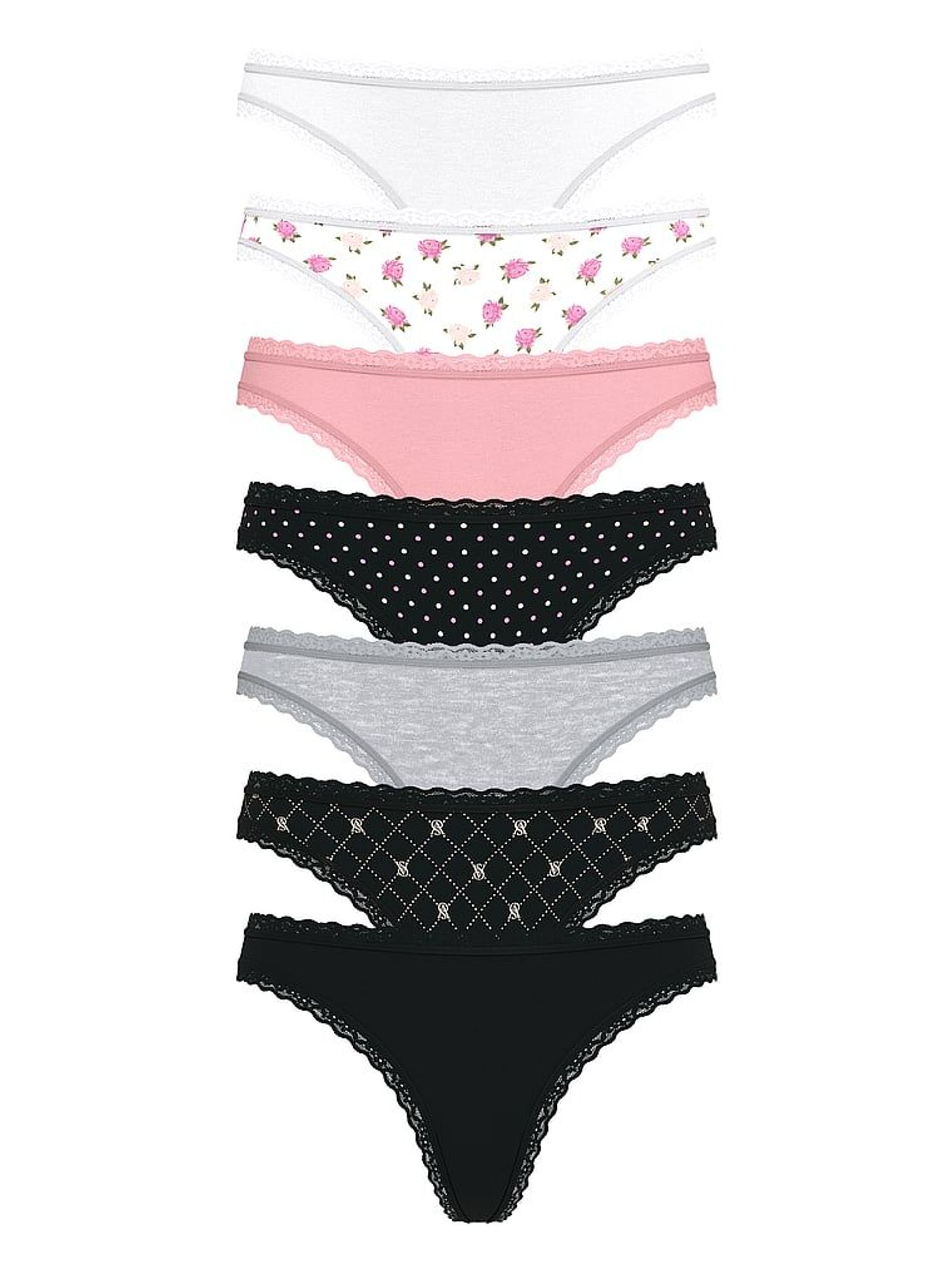 White/Pink/Black/Grey Thong 7 Pack Lace Trim Knickers (W41579) | £35