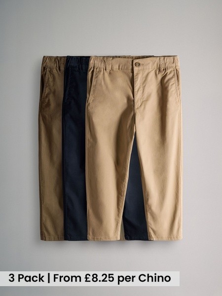 Navy Blue/Tan Brown/Green 3 Pack Slim Leg Chino Trousers (W41616) | £24.75 - £31