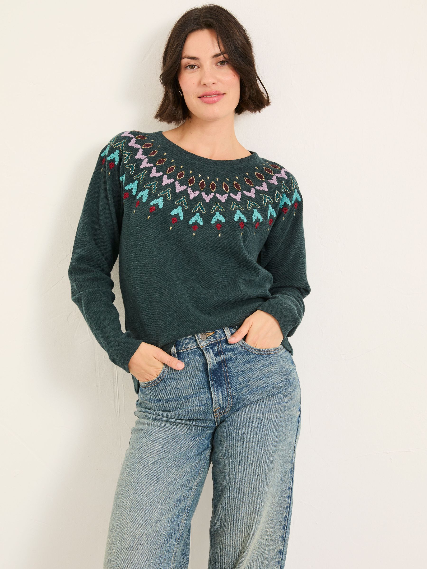 Teal Blue Embroidered Fairisle Crew Sweatshirt (W43493) | £45
