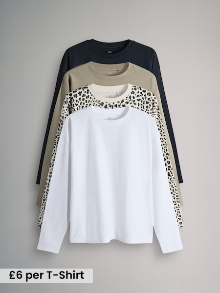 Black/Khaki Green/Animal/White - 4 Pack Relaxed Long Sleeve T-Shirts (W45703) | £24