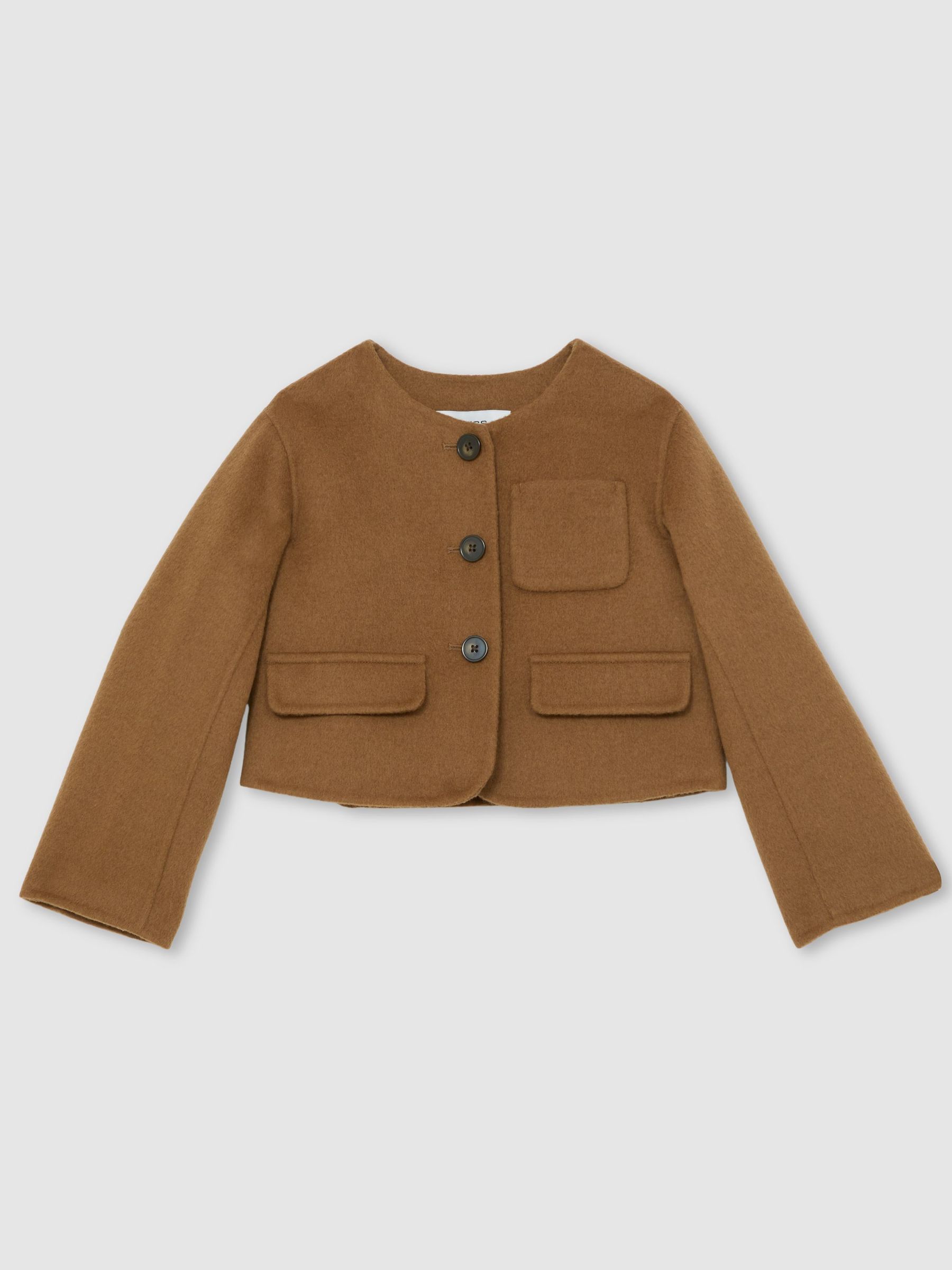 13-14 yrs Wool-Blend Cropped Collarless Jacket in Camel (W46449) | £90