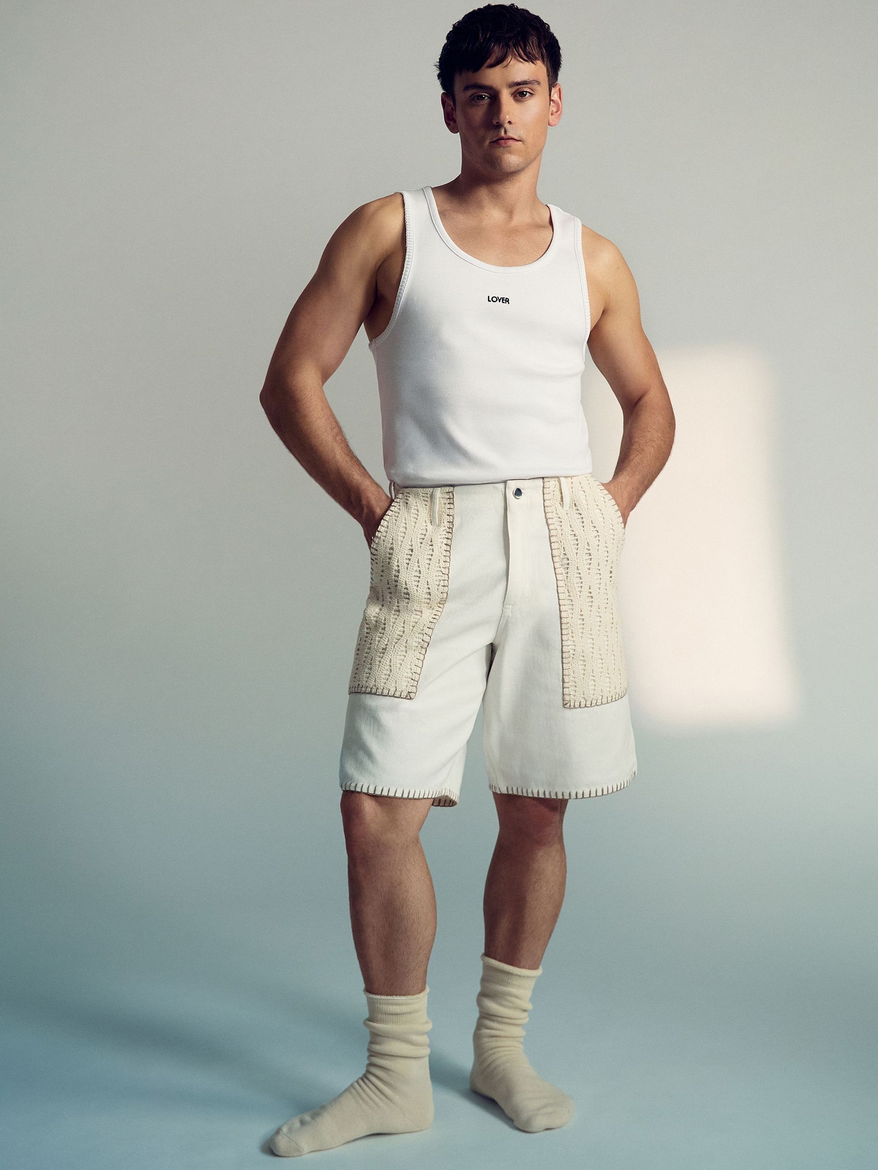 Reiss | Tom Daley Crochet Denim Shorts in Off White (W46459) | £168
