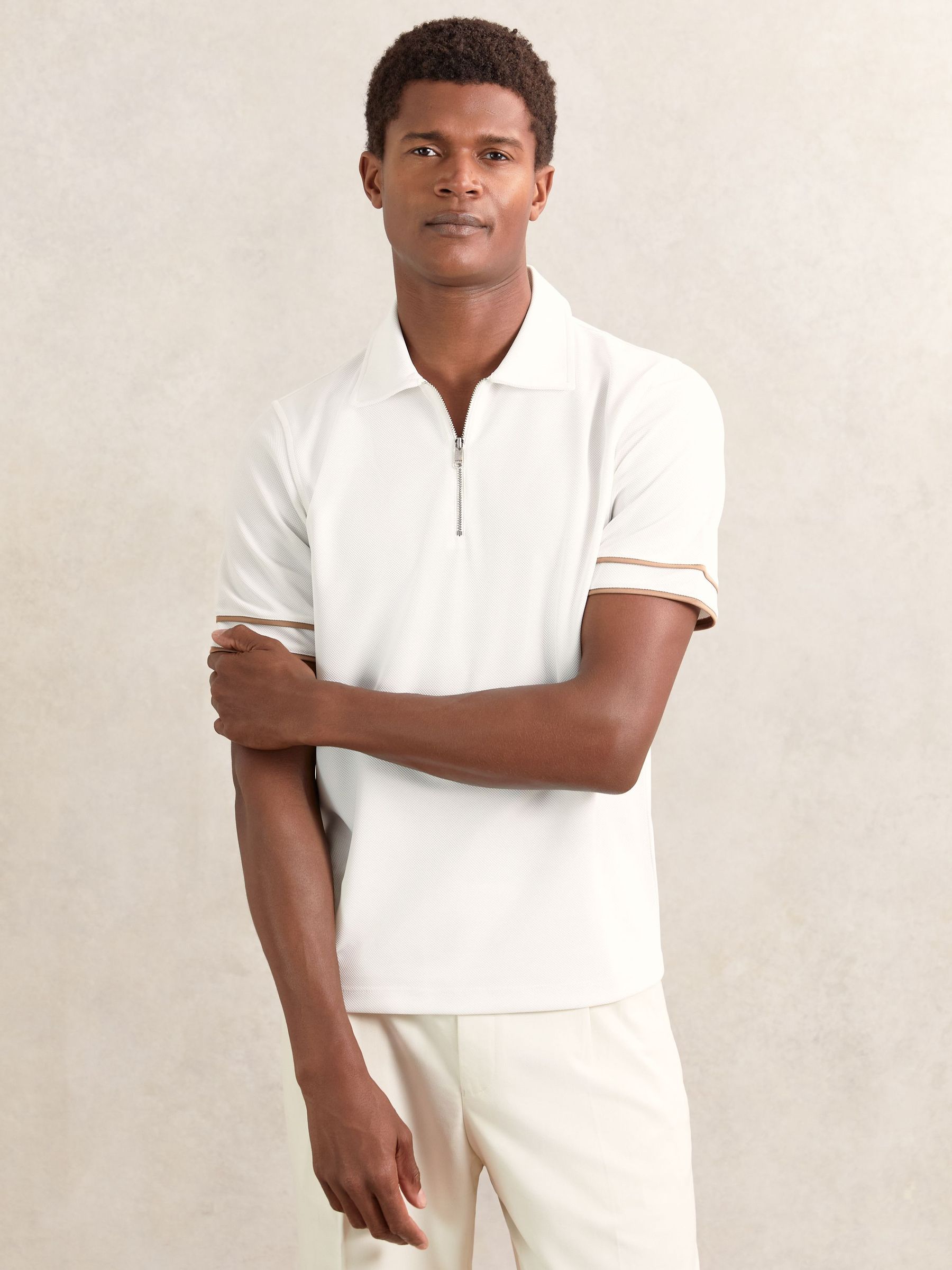 Textured Half-Zip Tipped Polo Shirt in White (W46566) | £78