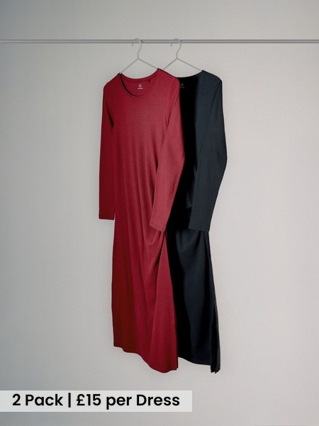 Black/Red 2 Pack Long Sleeve Ribbed Ruched Maxi Dresses (W46799) | £30