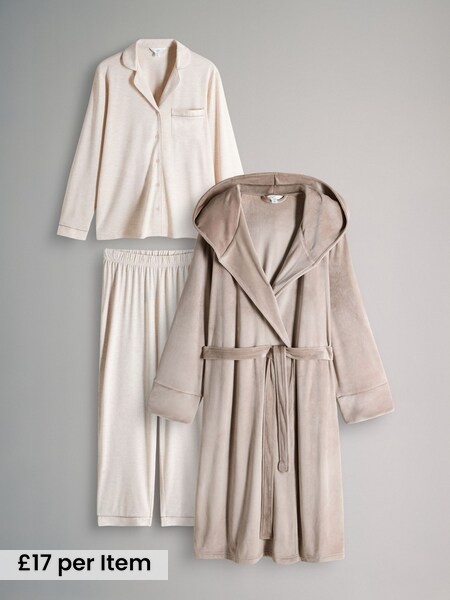 Oatmeal - 2 Pack Viscose Blend Dressing Gown and Button Through Long Pyjamas with Piping (W46809) | £34