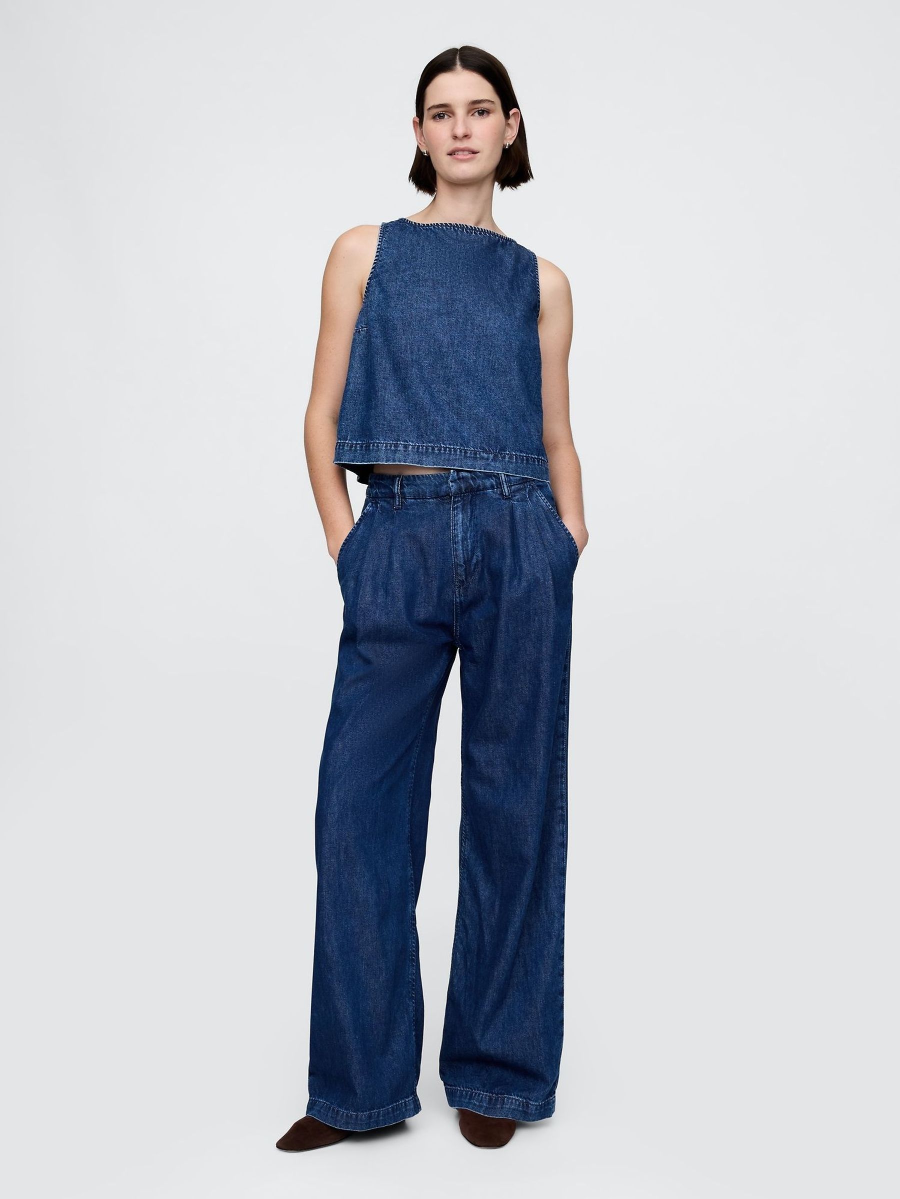 Dark Indigo Blue 365 High Waisted UltraSoft Denim Pleated Trousers (W48453) | £45