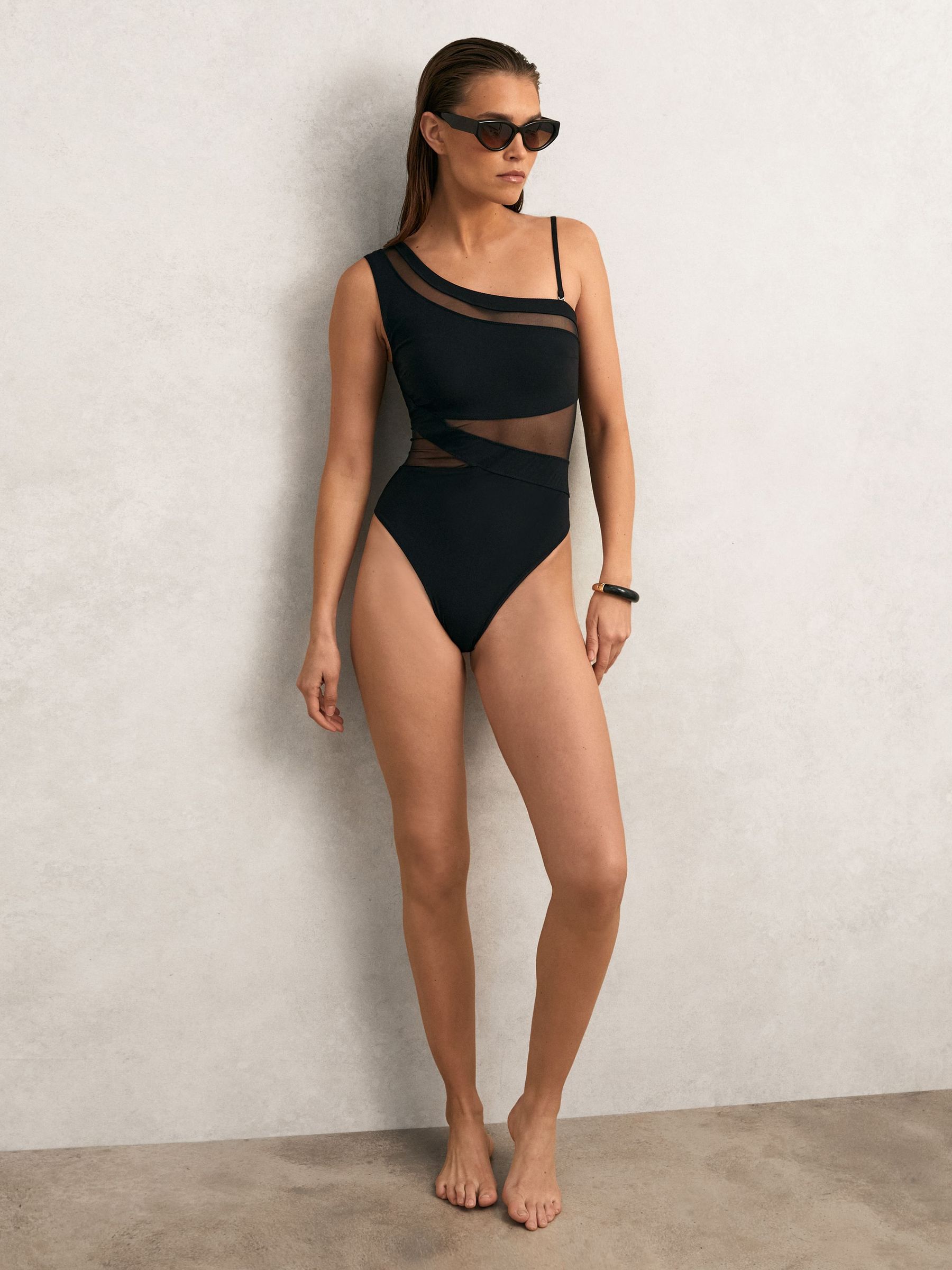 One Shoulder Mesh Panel Swimsuit in Black (W49527) | £120