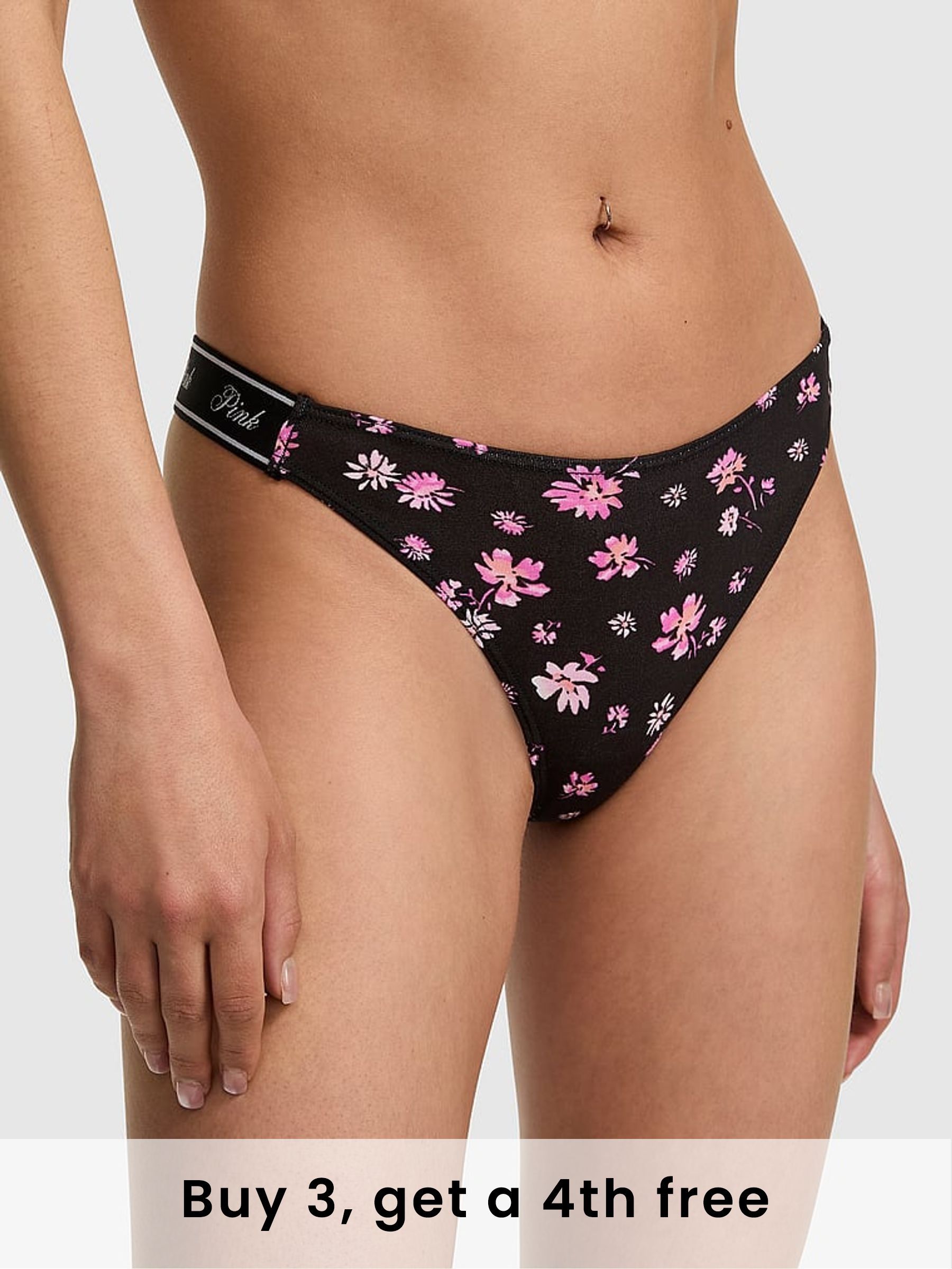 Black Ditsy Floral Print Thong Cotton Logo Knickers (W49831) | £9