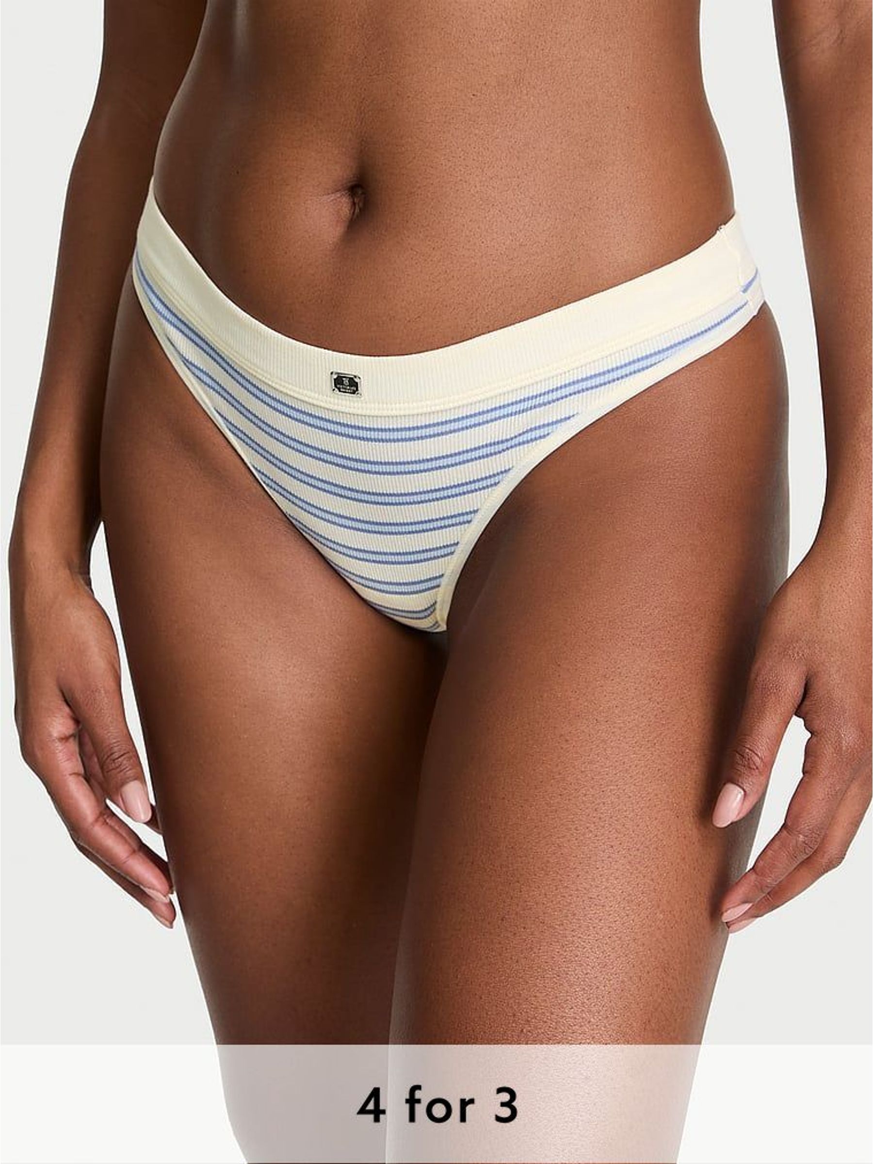 Cream Stripe Nude Thong Cotton Rib Logo Knickers (W49891) | £9