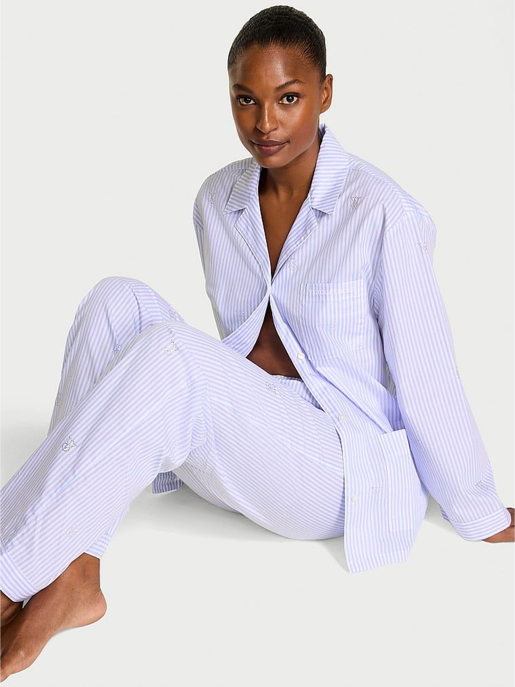 Blue Stripe Oversized Cotton Long Diamante Pyjama Set (W50748) | £75