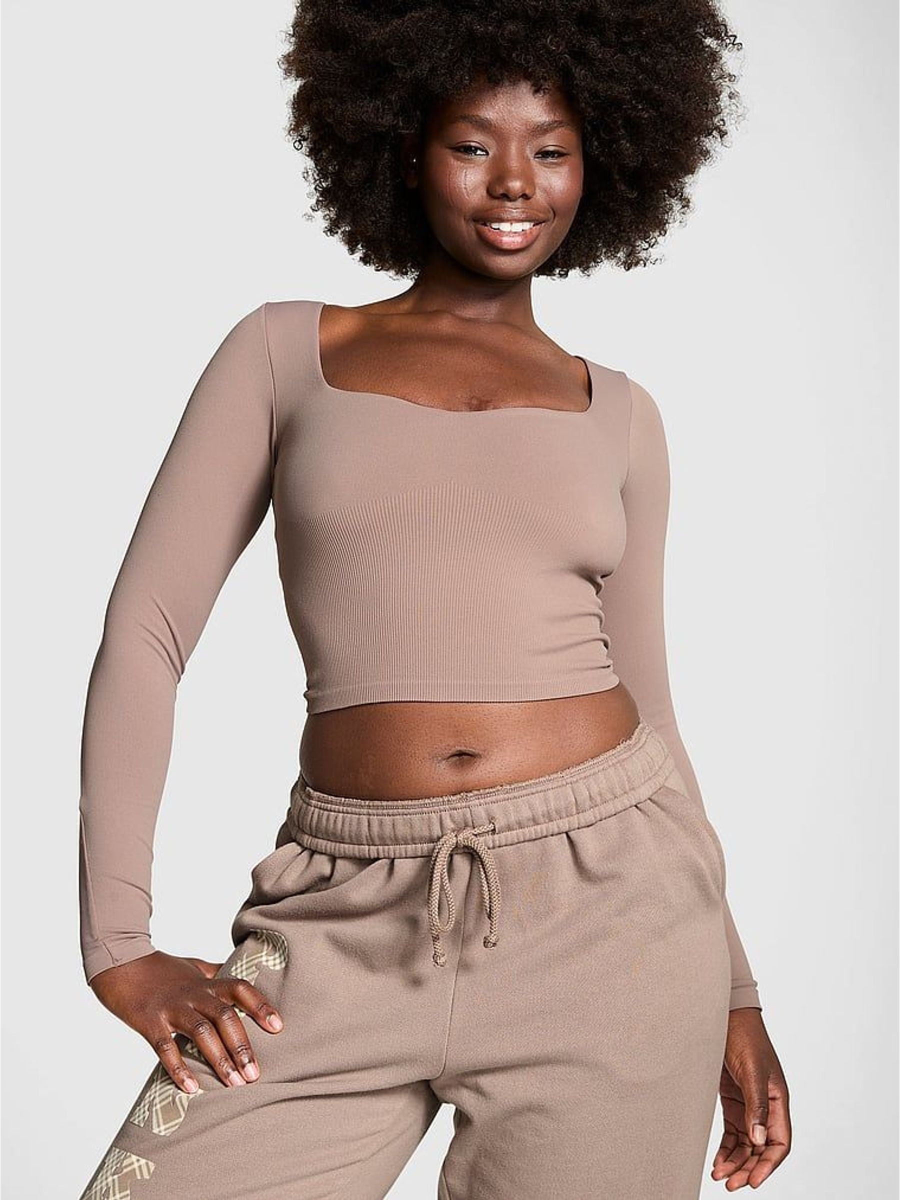Iced Coffee Brown Cropped Fitted Long Sleeve Top (W50802) | £35