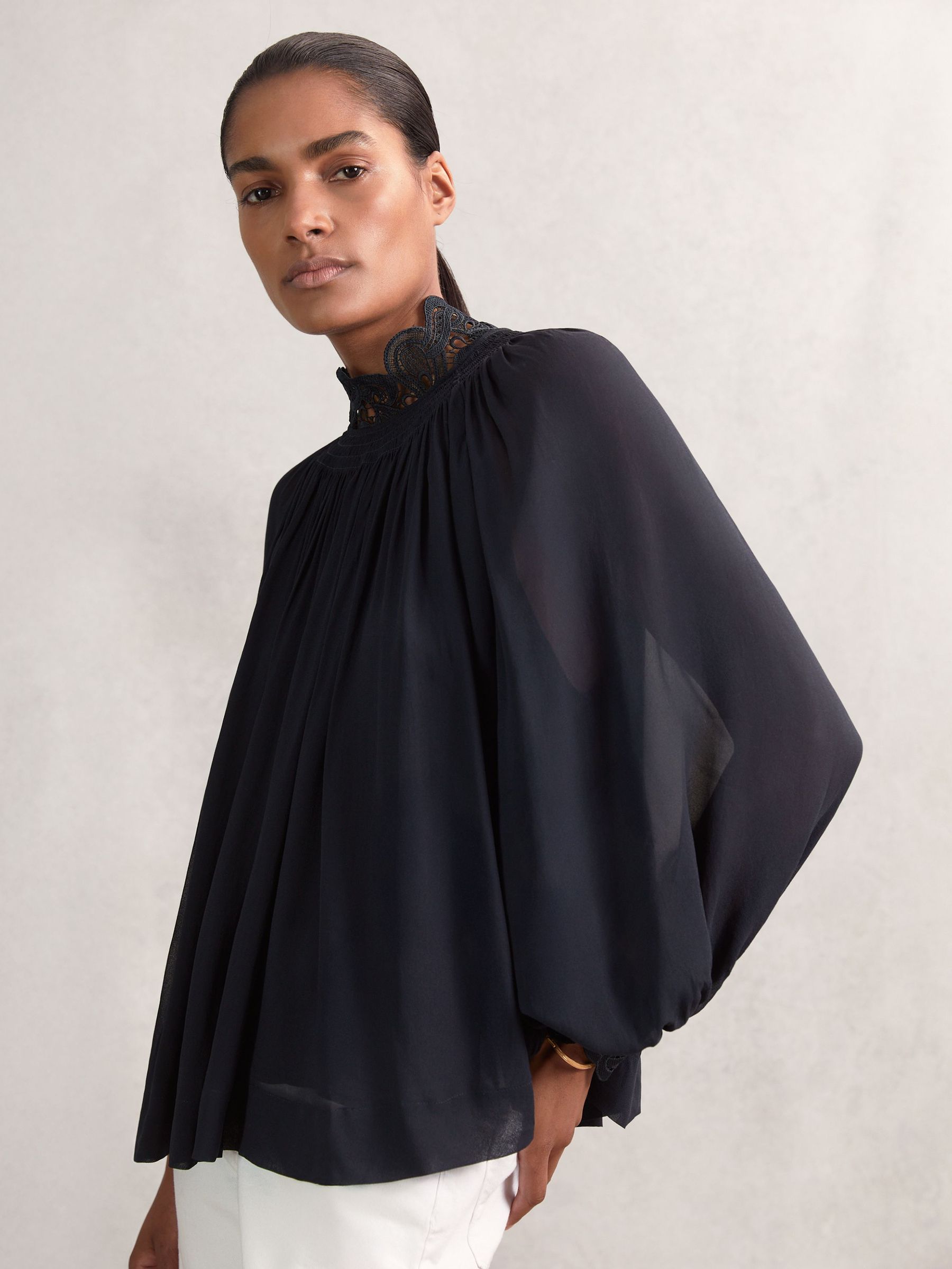 Lace-Trim Draped Chiffon Top in Navy (W51466) | £158