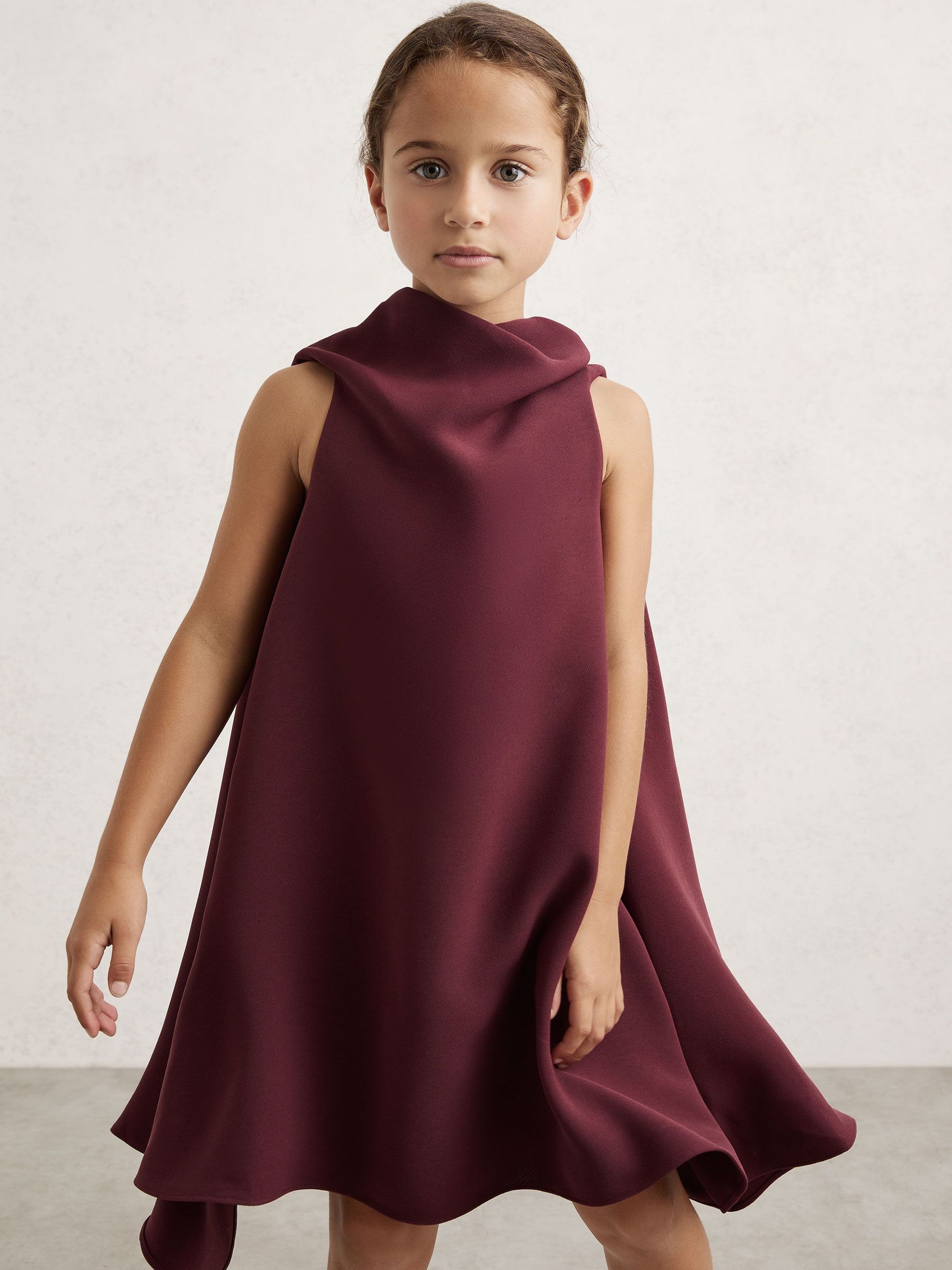 3-9 yrs High-Neck Drape Back Dress in Burgundy (W51473) | £80
