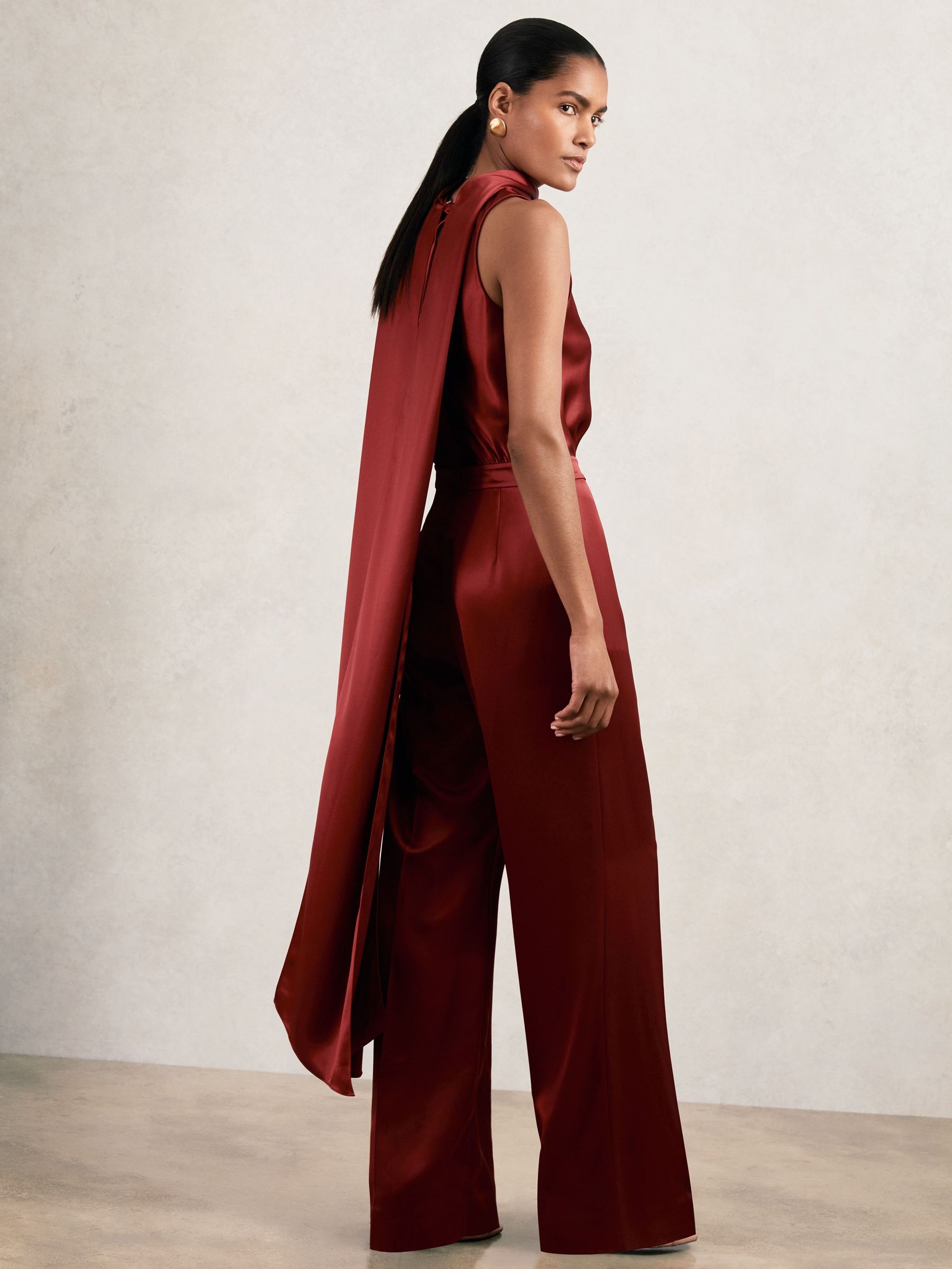 Petite Satin Cape-Sash Jumpsuit in Dark Red (W51475) | £288