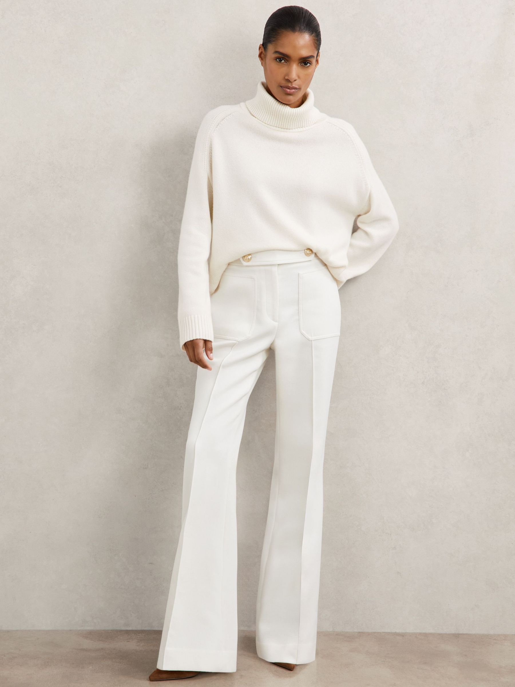 Petite Twill Button-Tab Flared Trousers With Wool in White (W51479) | £190