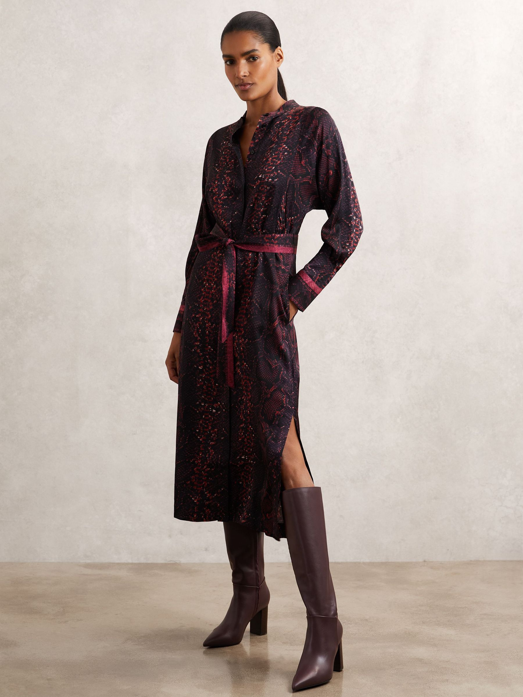 Snake-Print Belted Shirt Dress in Burgundy/Black (W51490) | £230