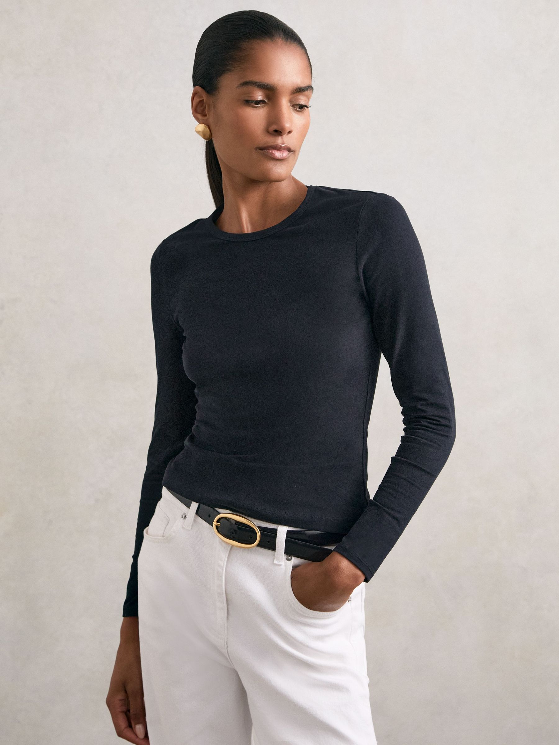 Cotton Crew-Neck Long-Sleeve T-Shirt With Stretch in Black (W51494) | £48