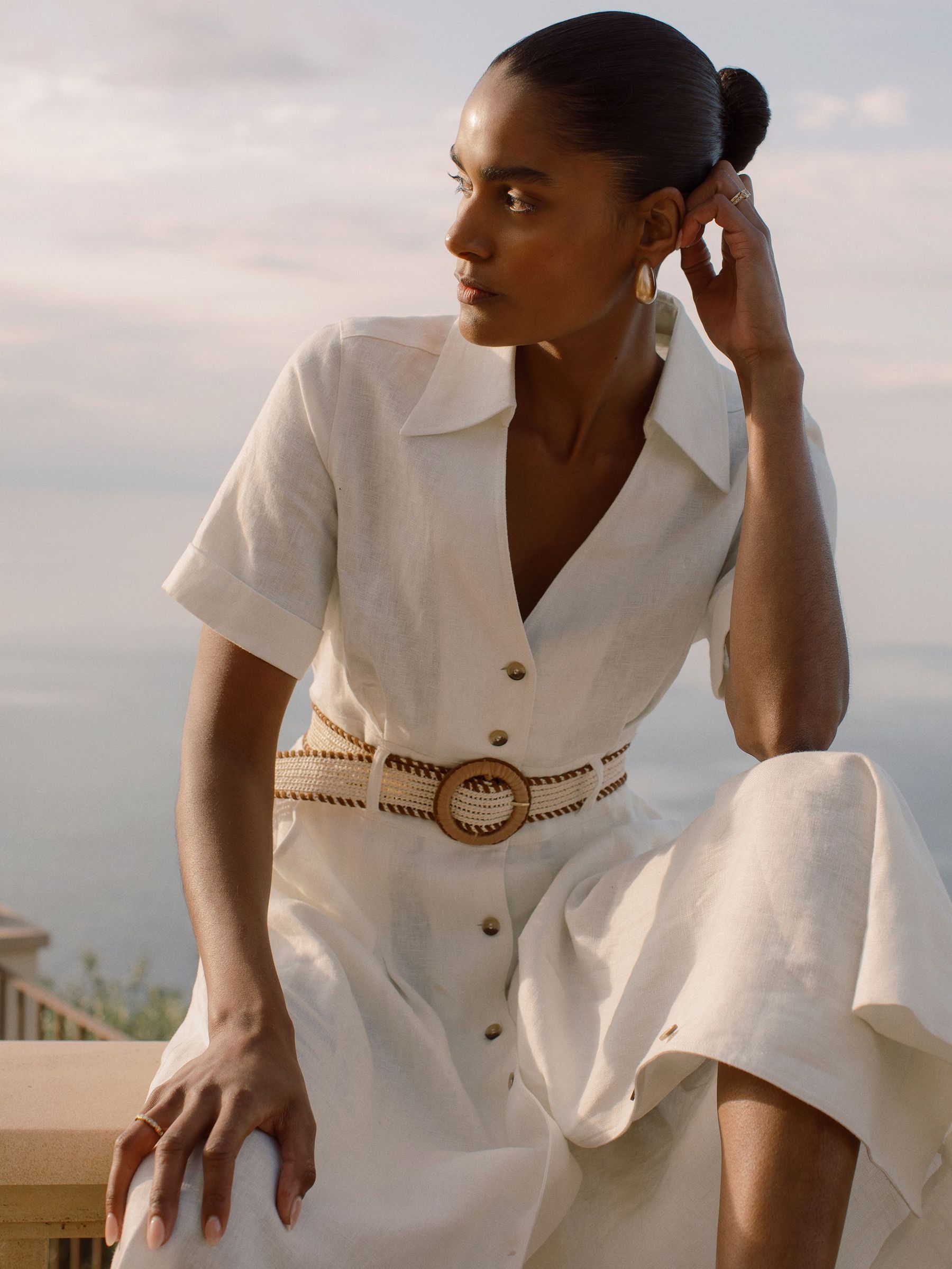 Linen Belted Midi Shirt Dress in Ivory (W51525) | £198