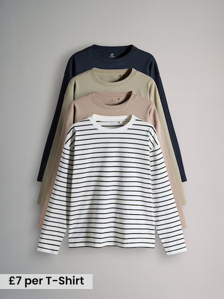 Navy/Stripe/Neutral/Khaki - 4 Pack Heavyweight Relaxed Long Sleeve T-Shirts (W52784) | £28