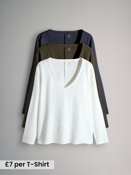 Navy/Khaki/Cream - 3 Pack 100% Cotton Slub Deep V-Neck Long Sleeve Tops (W52791) | £21