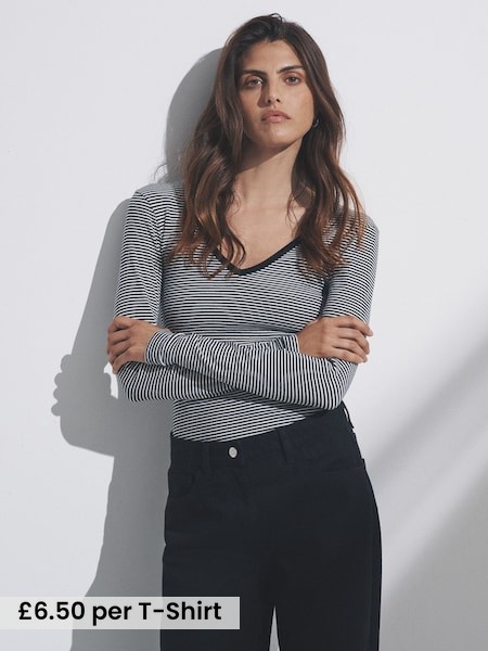 Black/White/Grey/Stripe - 4 Pack V-Neck Ribbed Long Sleeve T-Shirts (W52796) | £26