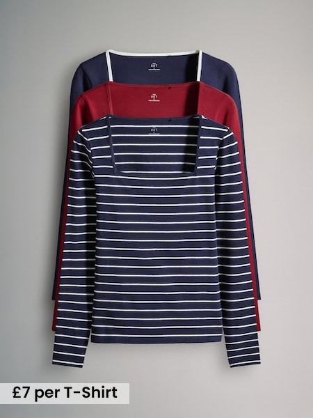 Navy/Red/White - 3 Pack Square Neck Long Sleeve T-Shirts (W52798) | £21
