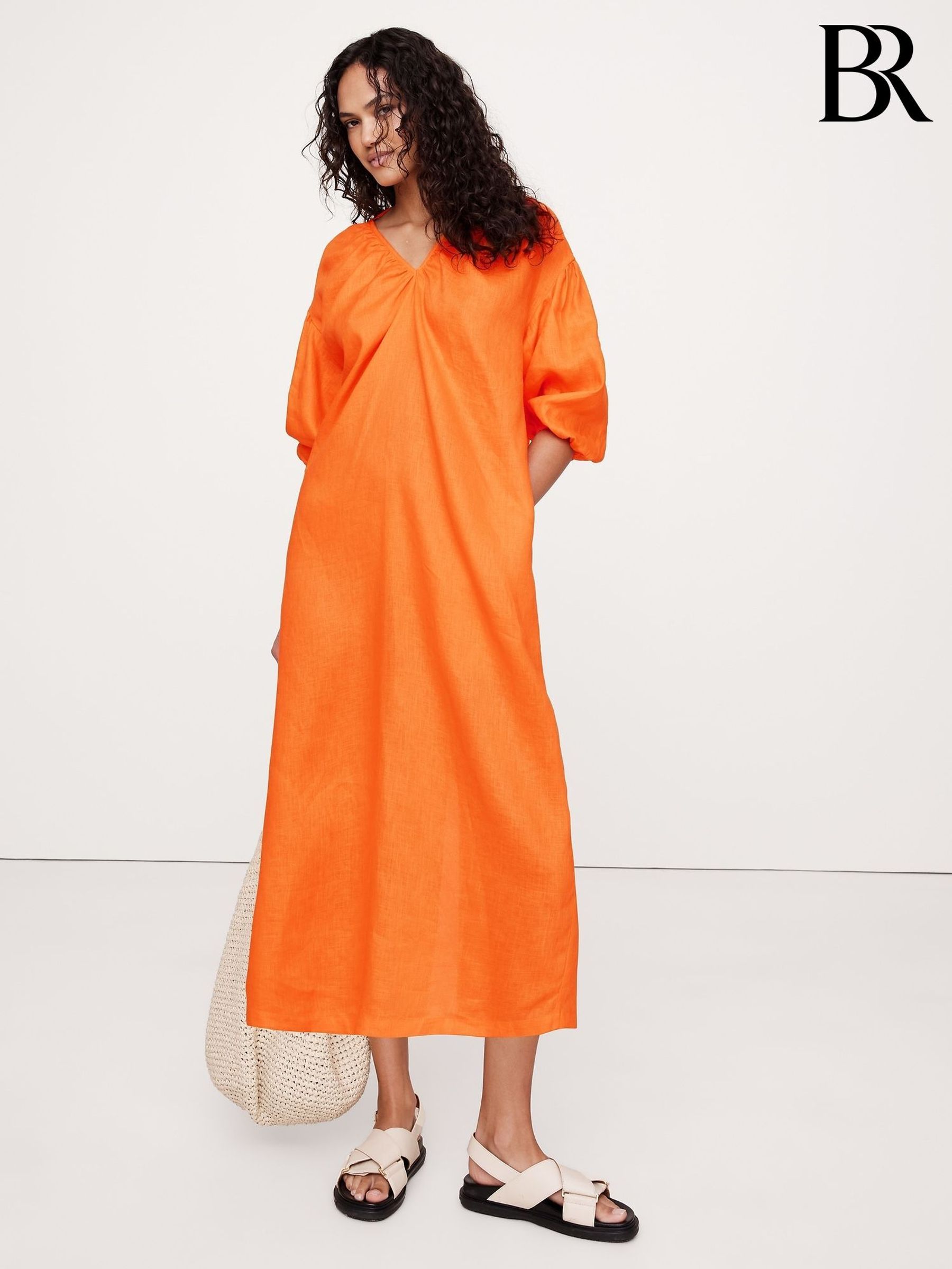 Banana Republic Orange Linen V-Neck Maxi Dress (W53002) | £185
