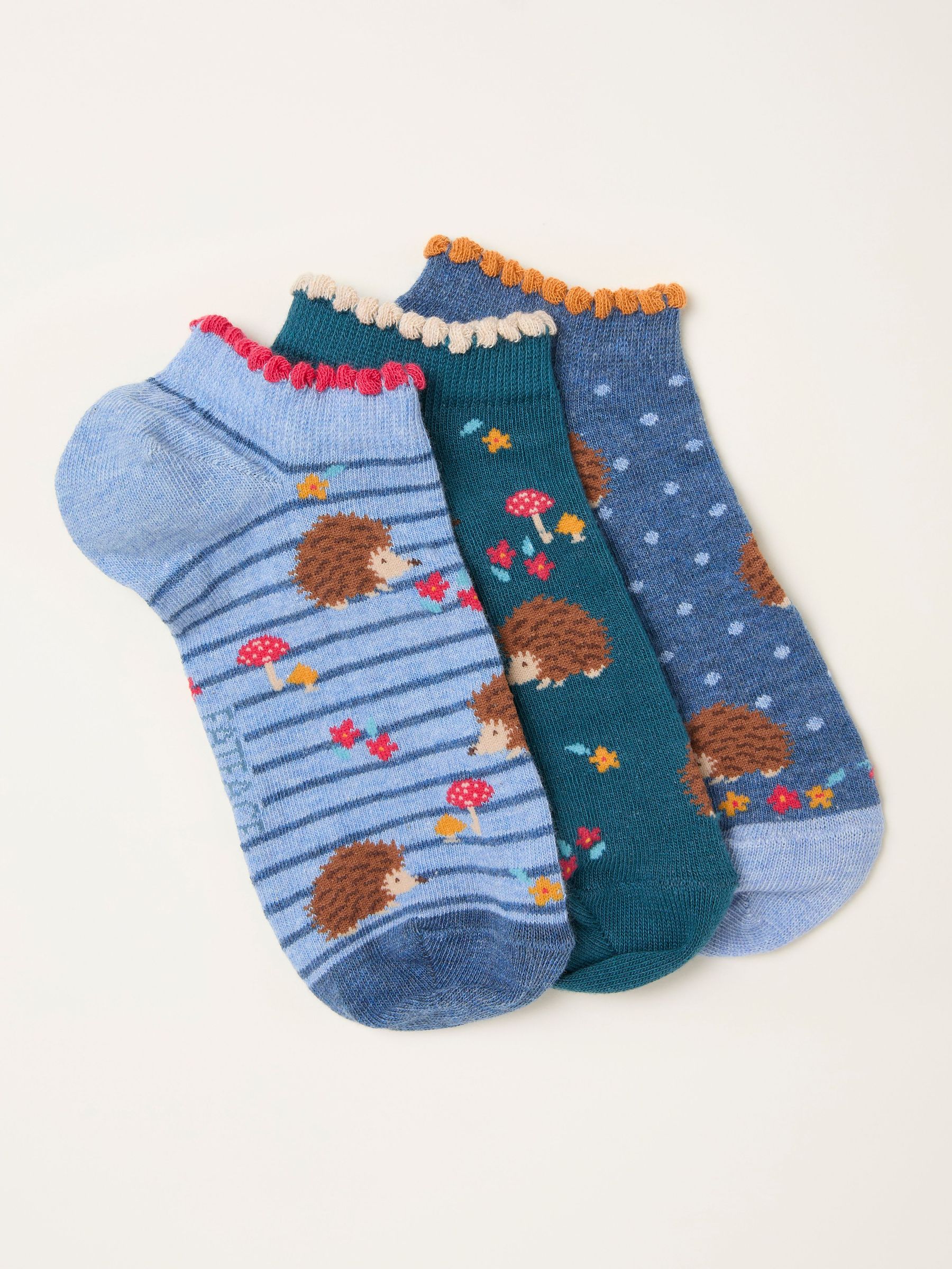 Blue 3 Pairs of Hedgehog Trainer Socks (W53524) | £12