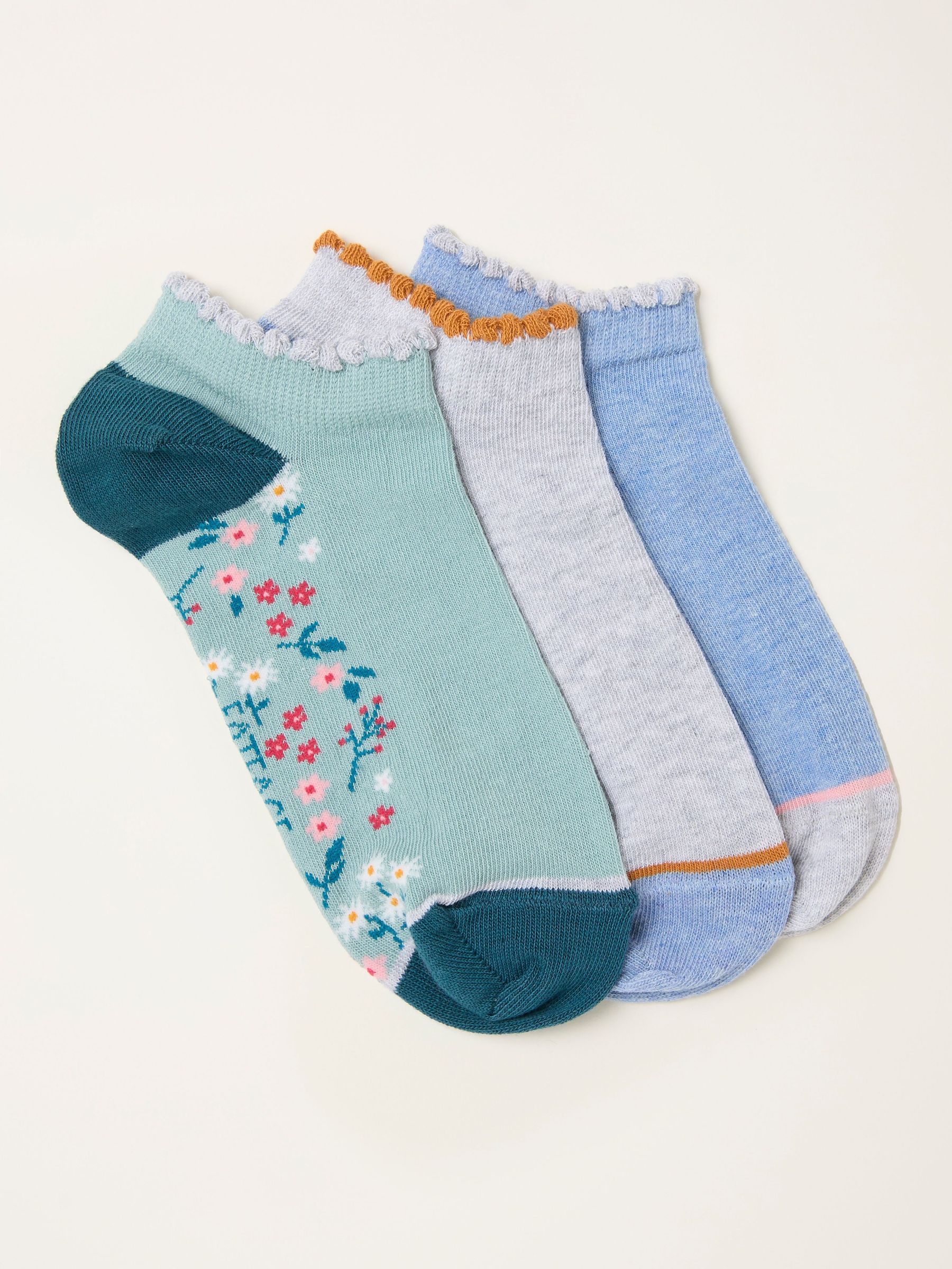 Grey 3 Pairs of Floral Trainer Socks (W53532) | £12