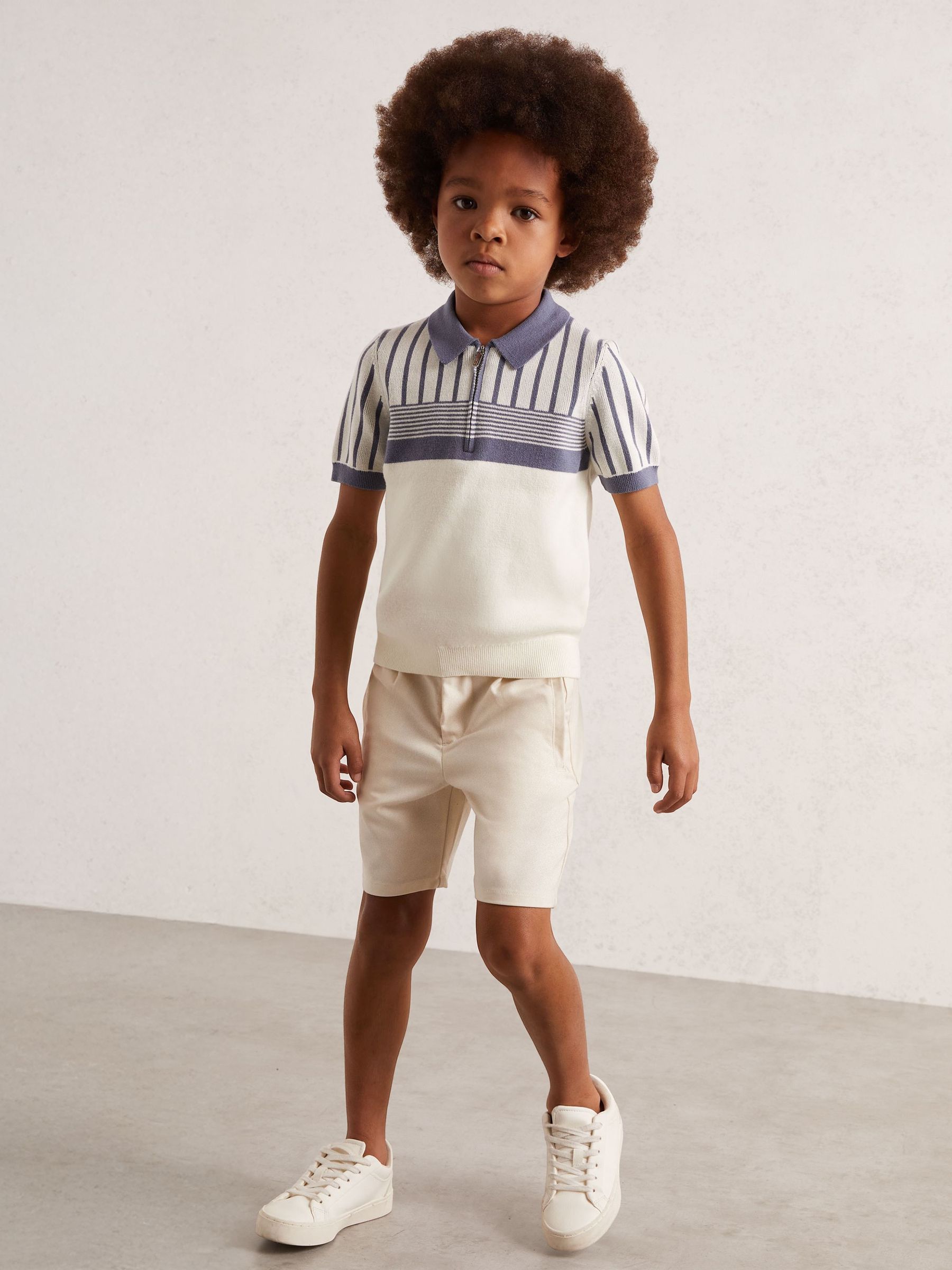 3-9 yrs Cotton Stripe Knit Half-Zip Polo Shirt in Off White/ Airforce Blue (W53910) | £38