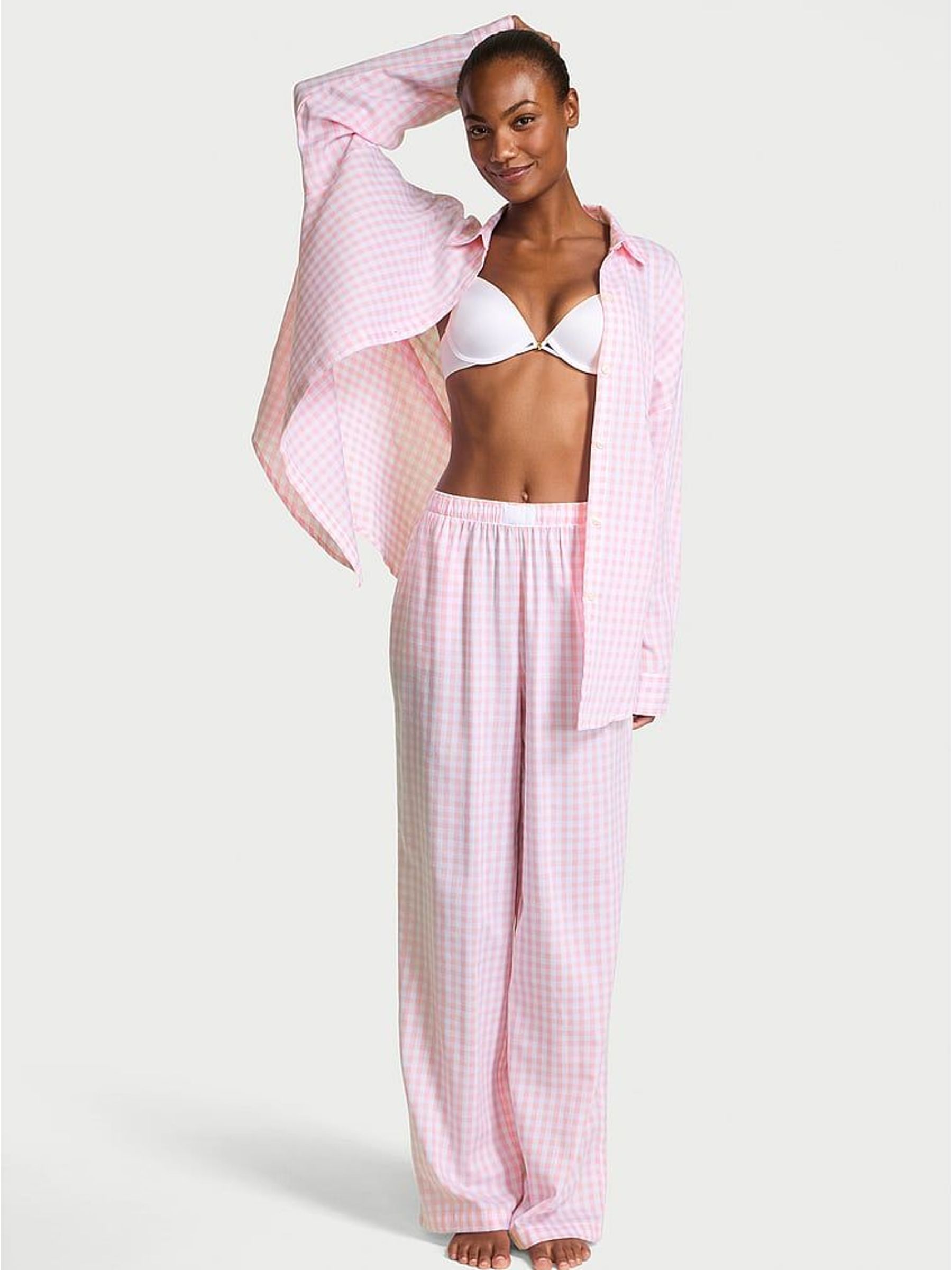 Pretty Blossom Pink Gingham Cotton Modal Long Pyjamas Set (W54678) | £59