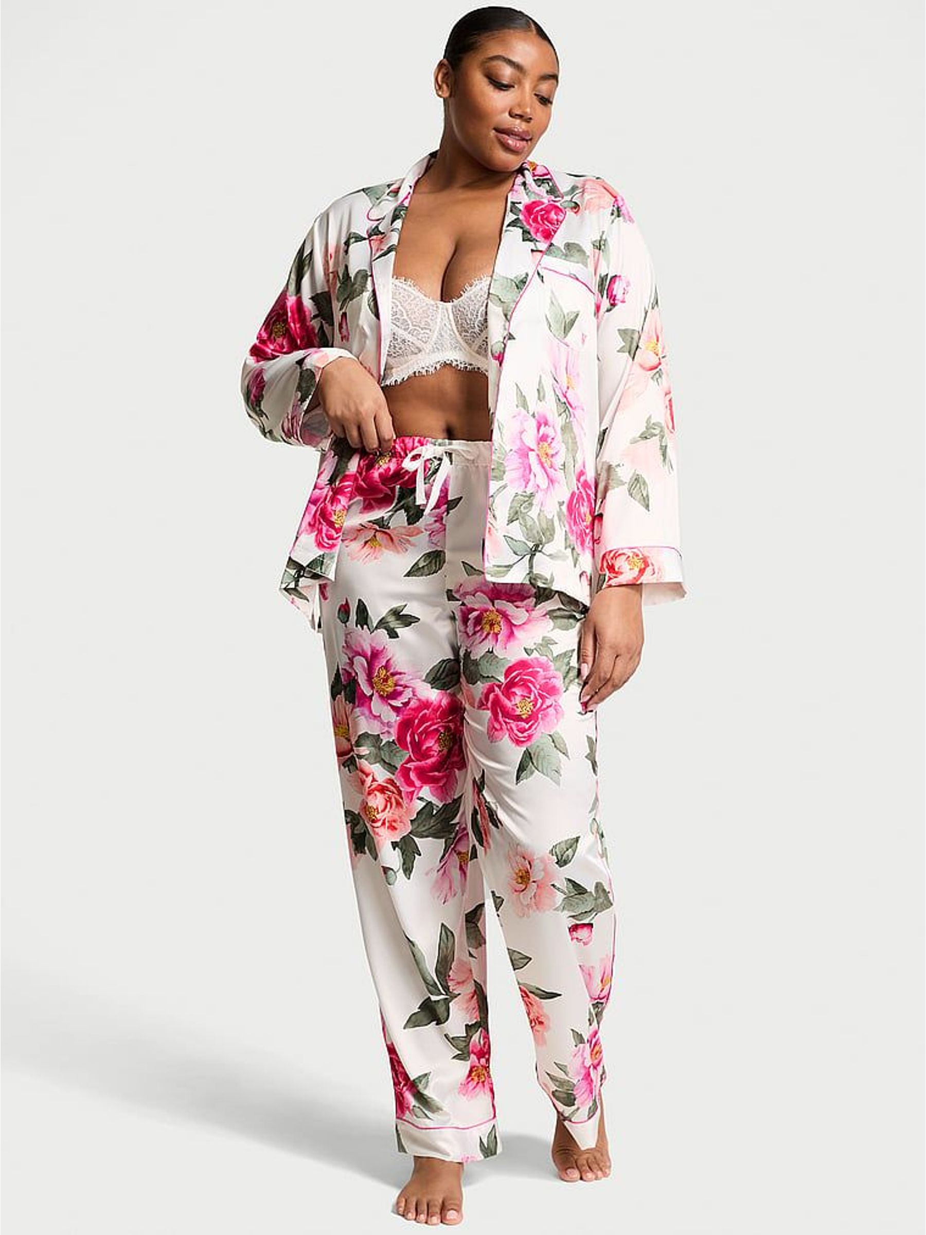 Coconut White Floral Satin Long Pyjamas Set (W54801) | £69
