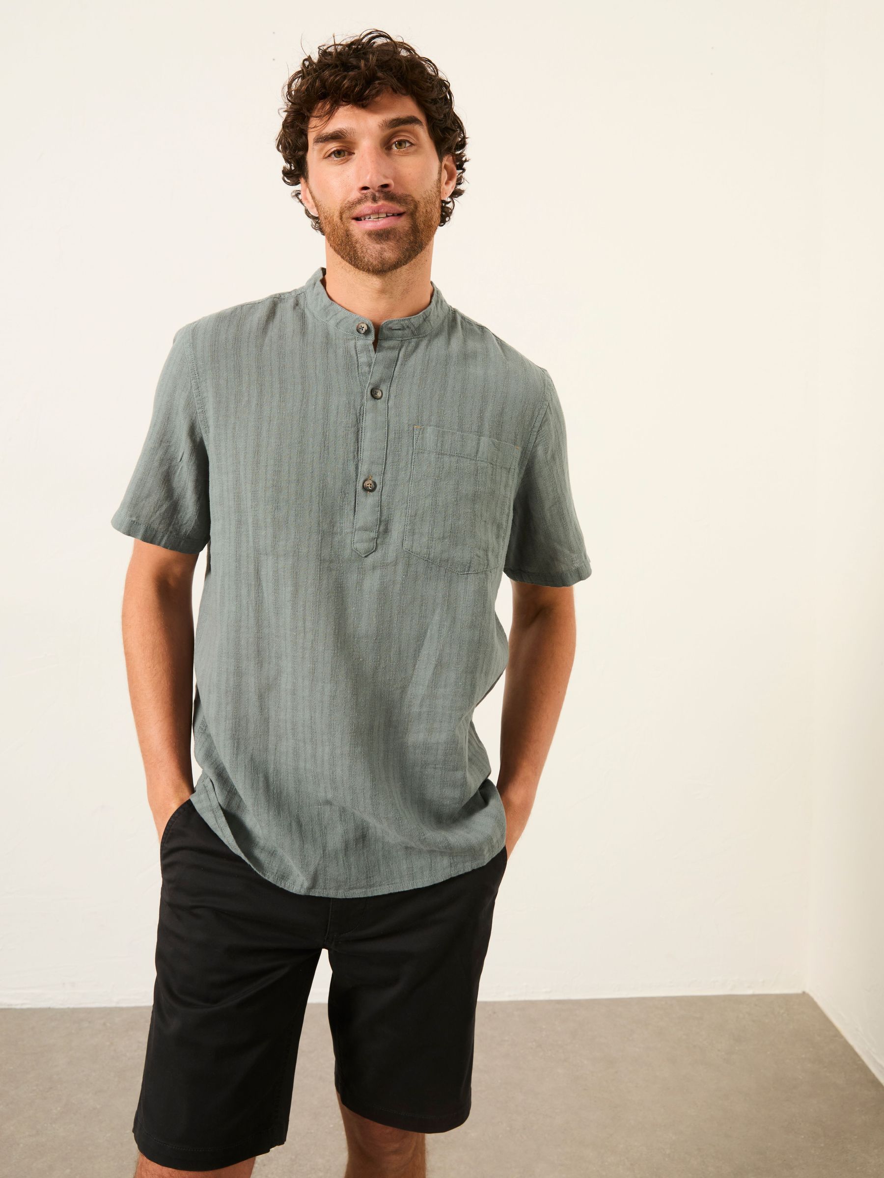 Bugle Jade Green Self Stripe Short Sleeve Grandad Popover Shirt (W56161) | £42