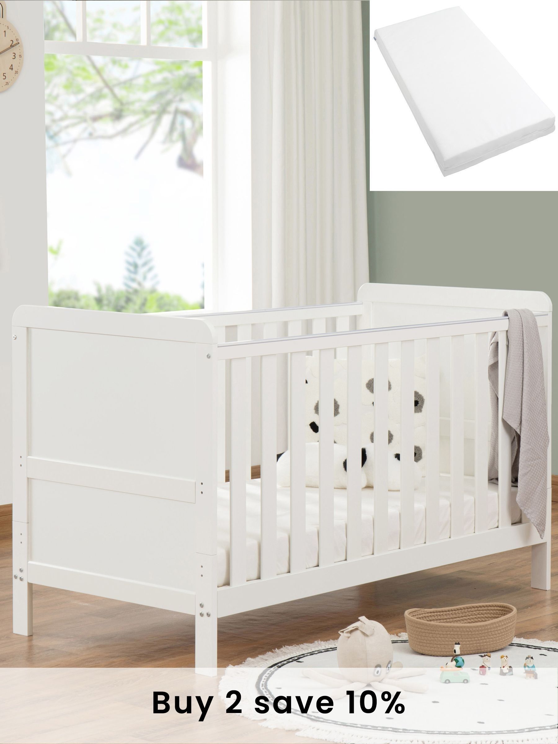 Babymore White Caro Urban Cot Bed with Fibre mattress (W56633) | £210