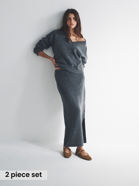 Charcoal Grey Knitted Crew Neck Jumper and Skirt Co-Ord (W56745) | £38