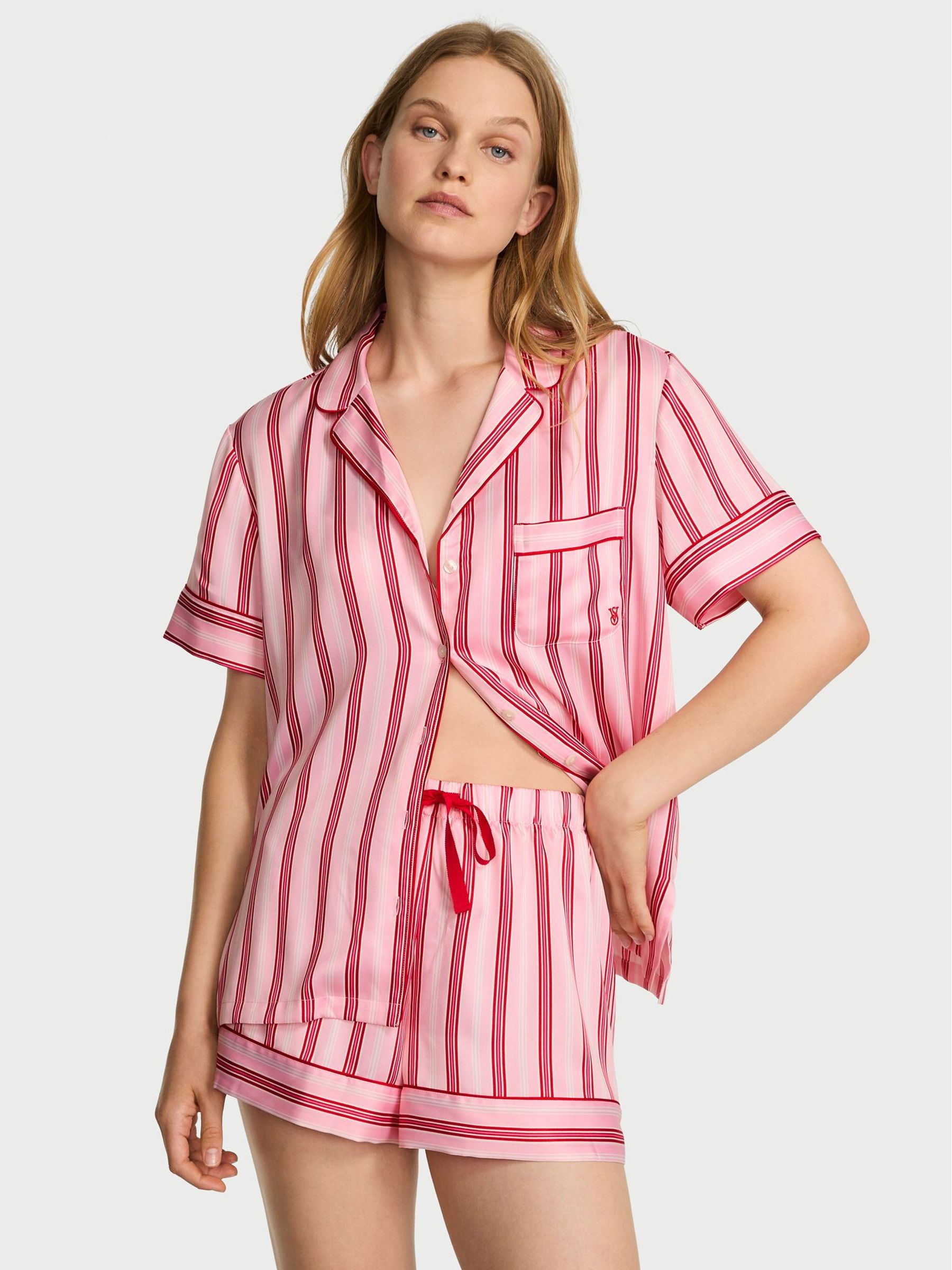 Red Festive Stripe Satin Short Pyjamas Set (W57874) | £65