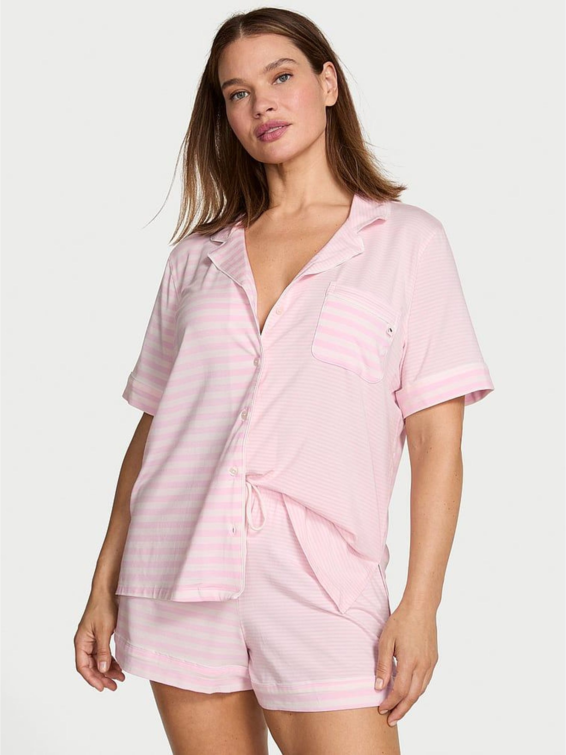 Pretty Blossom Pink & White Stripe Modal Short Pyjamas Set (W57883) | £56