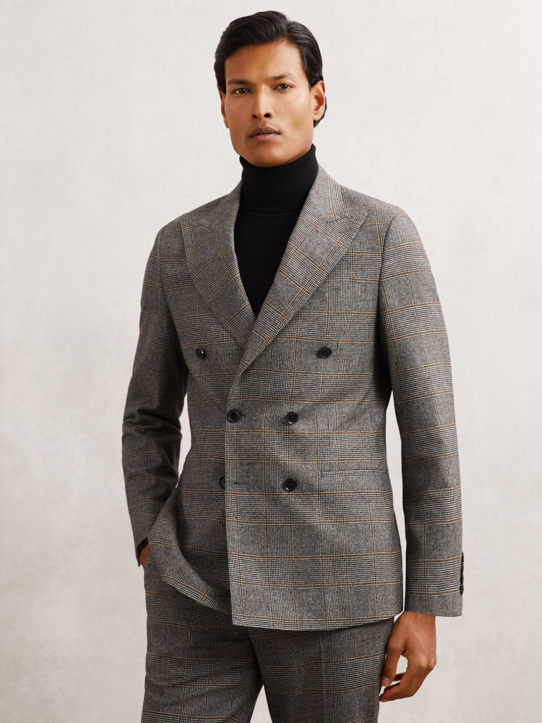 Wool Double-Breasted Check Tailored-Fit Suit Blazer in Charcoal Grey (W58789) | £328