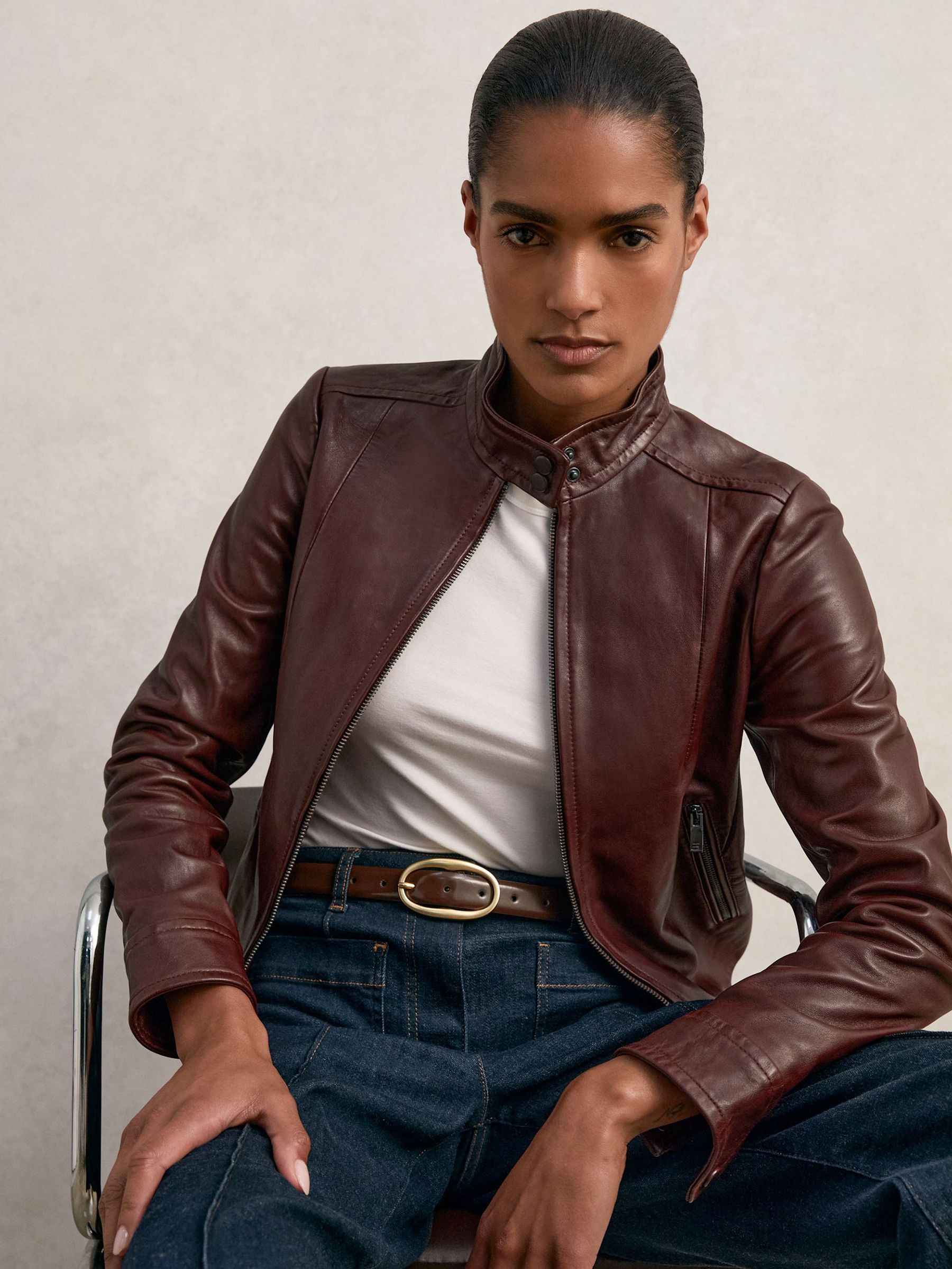 Fitted Leather Biker Jacket in Burgundy (W58929) | £380