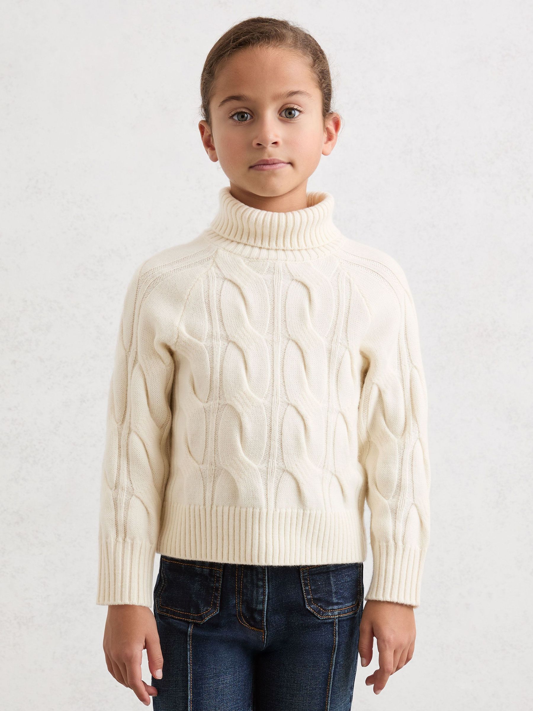 9-13 yrs Wool Roll-Neck Cable-Knit Jumper in Ivory (W58974) | £47