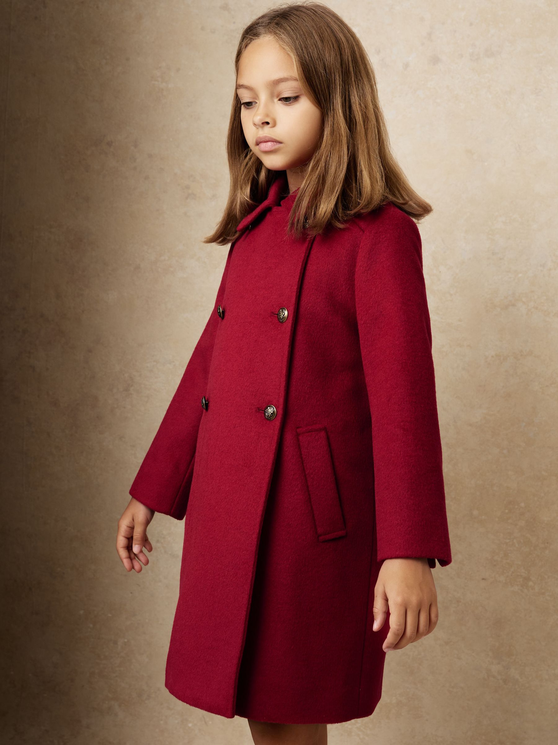 9-13 yrs Wool-Blend Double-Breasted Coat in Red (W58977) | £120