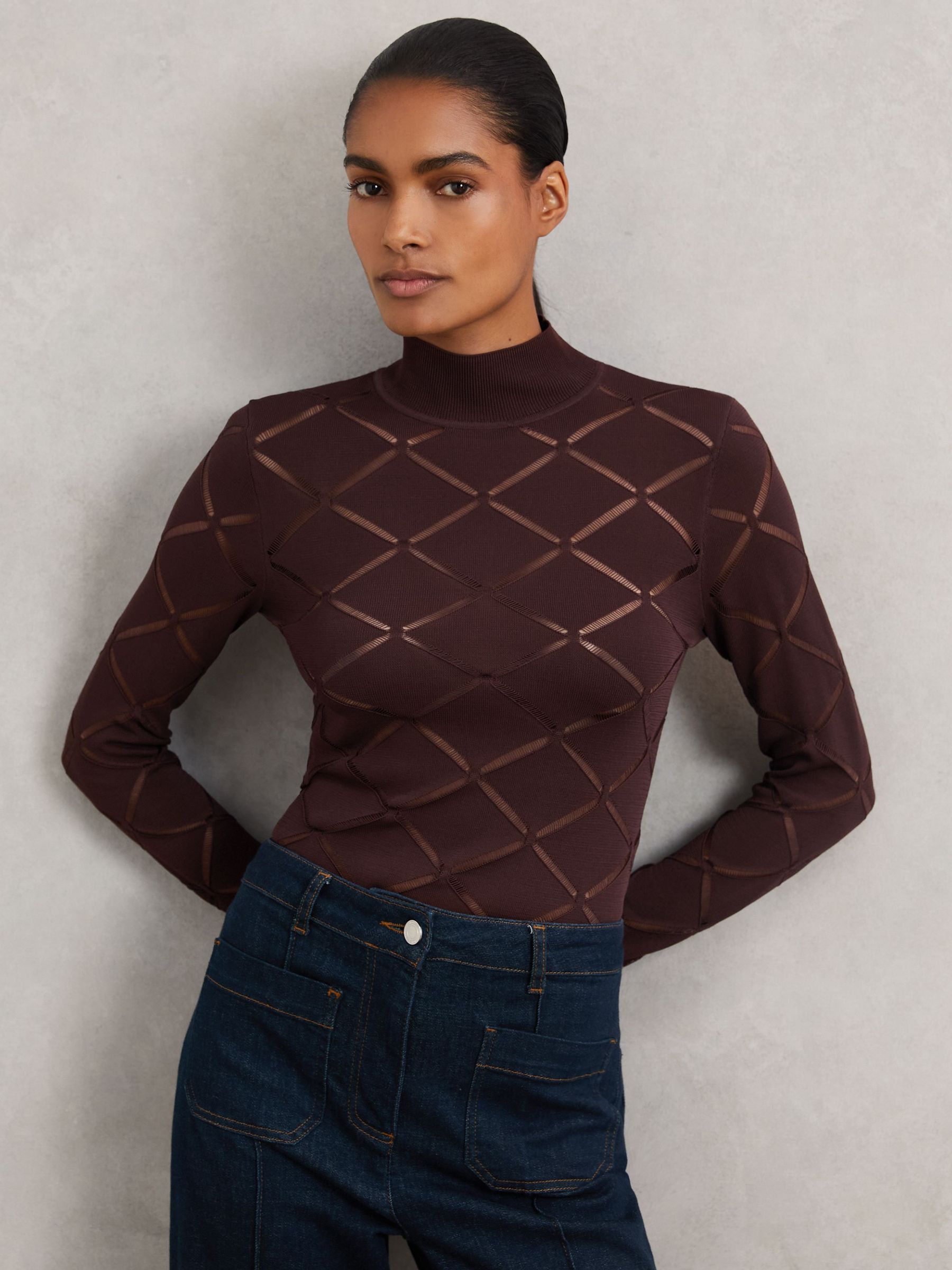 Laser-Cut Funnel-Neck Knit Top in Burgundy (W61535) | £120