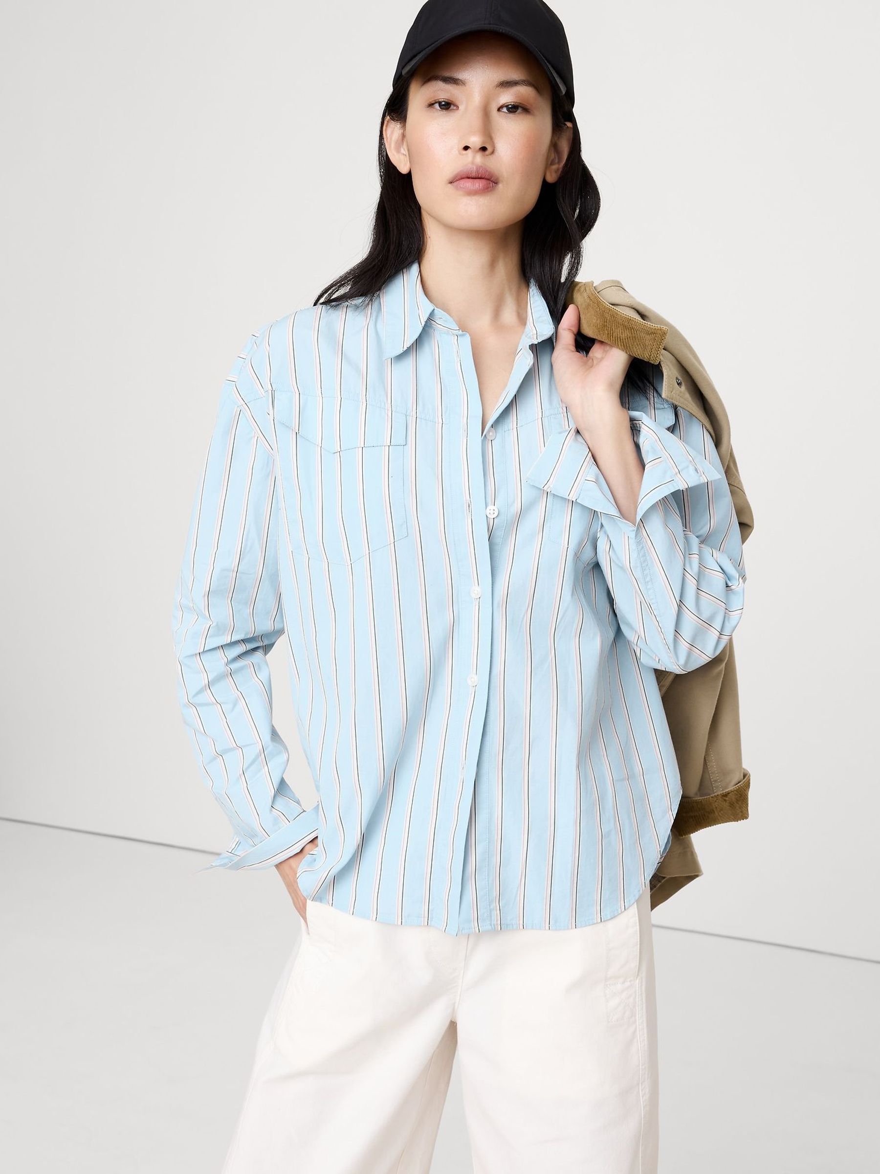Banana Republic Light Blue Stripe Oversized Cotton Poplin Western Shirt (W62321) | £65