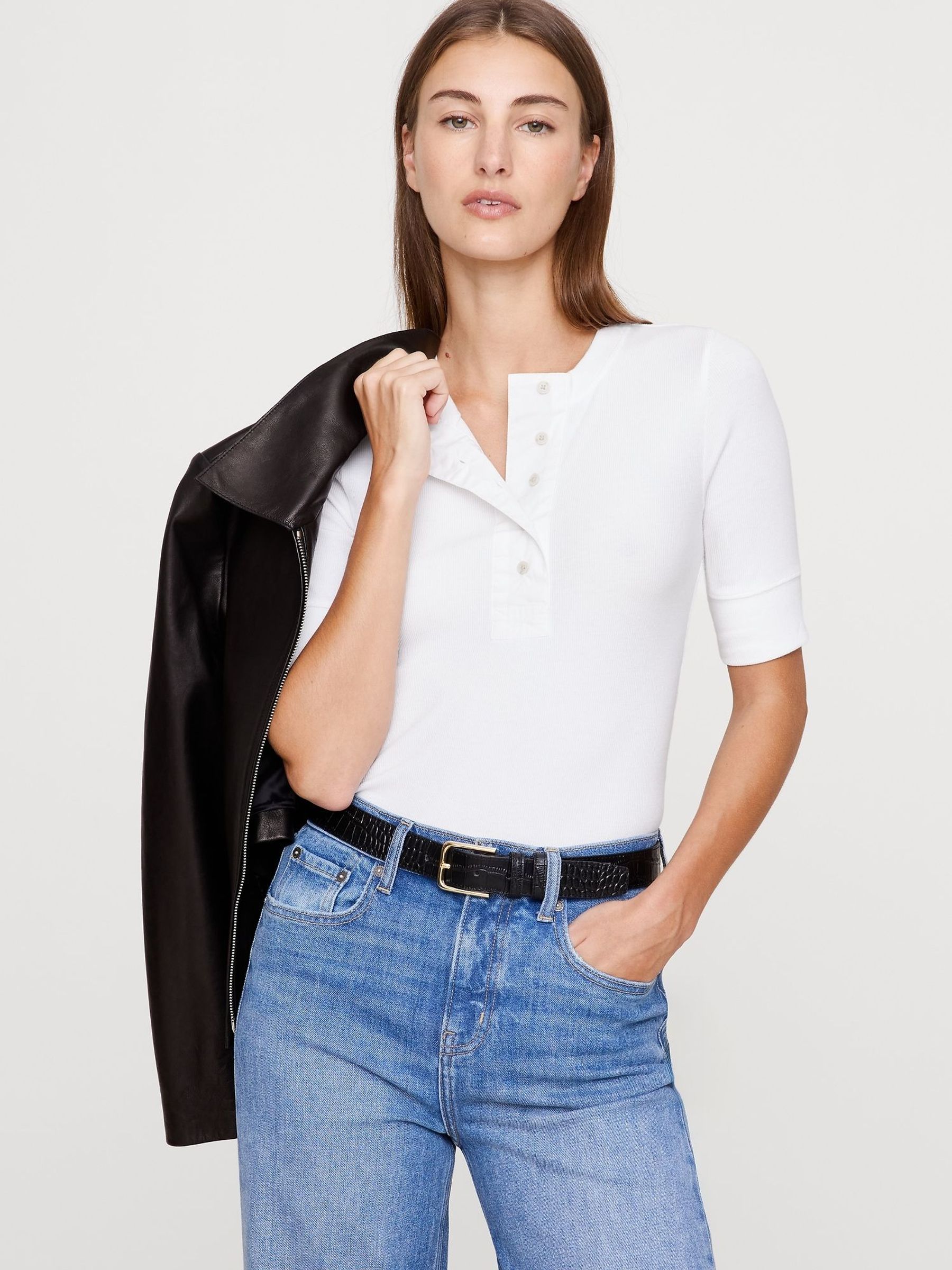 Banana Republic White Ribbed Henley Top (W62323) | £40