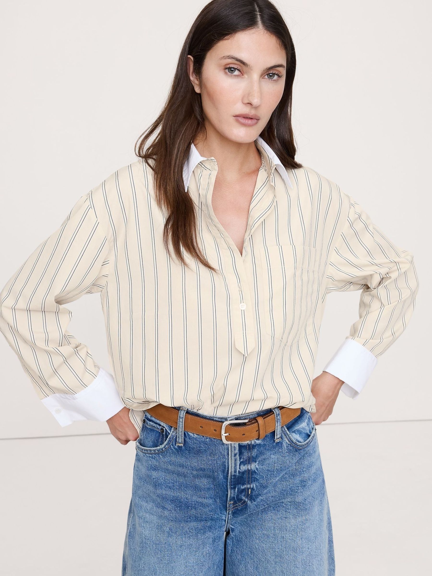 Banana Republic Yellow/White Stripe Oversized Cotton Poplin Banker Shirt (W62332) | £60