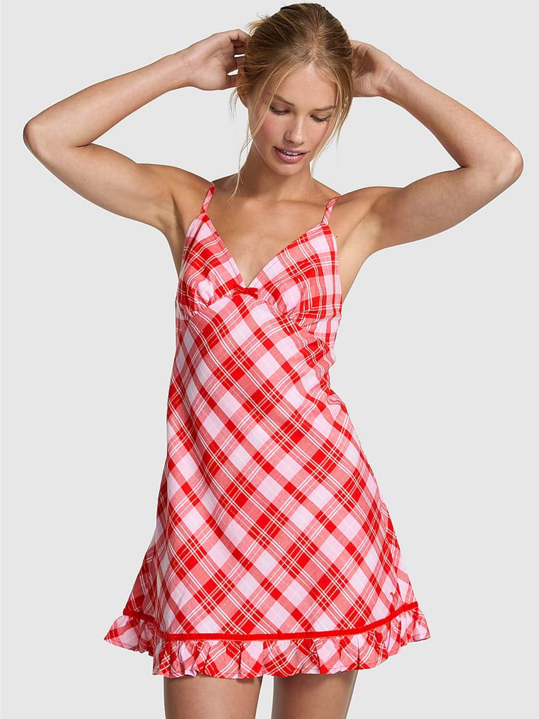 Bright Vermillion Red Christmas Tartan Sleep Dress (W63682) | £36